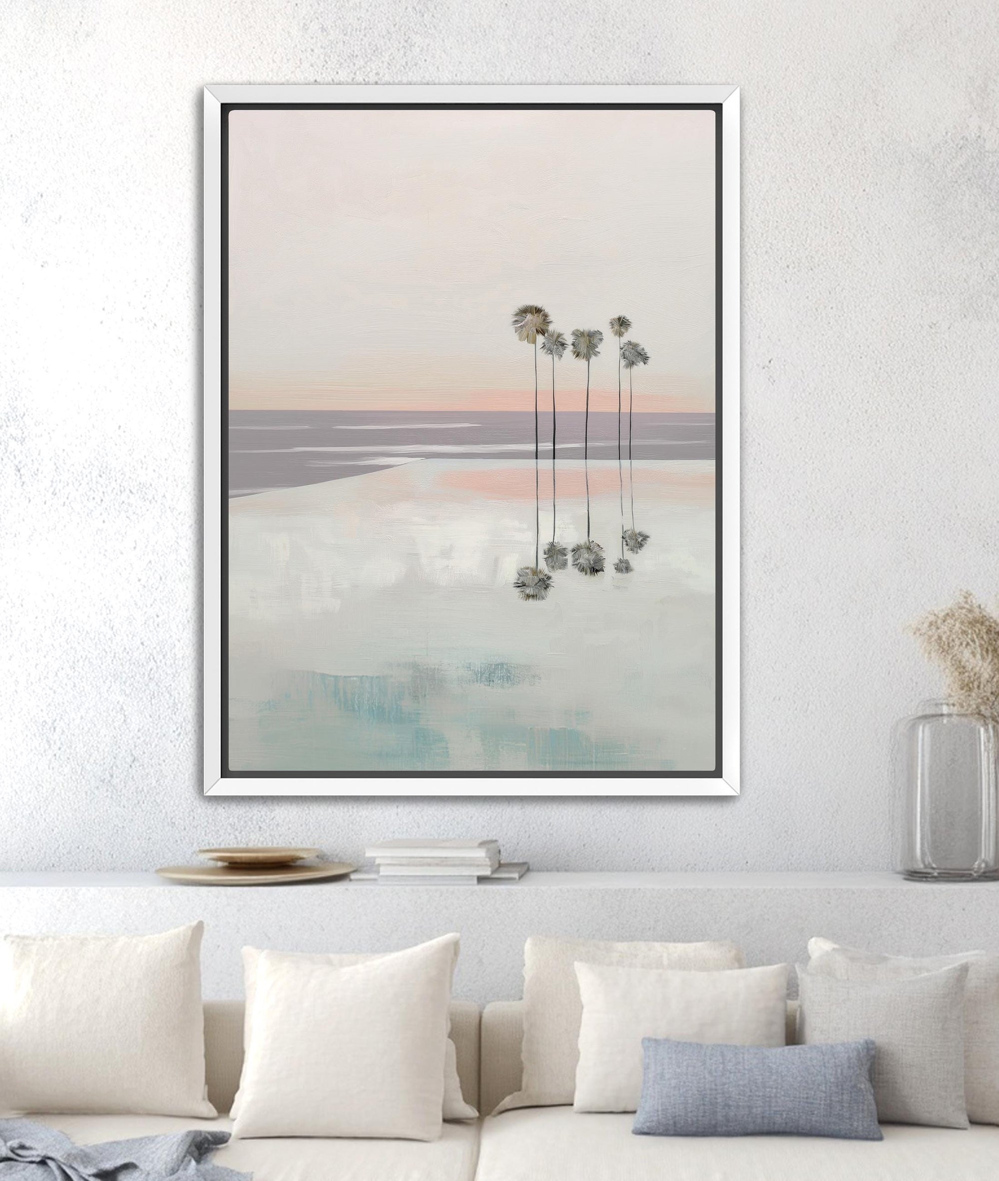 Modern coastal seascape print with soft blush sky and reflection
