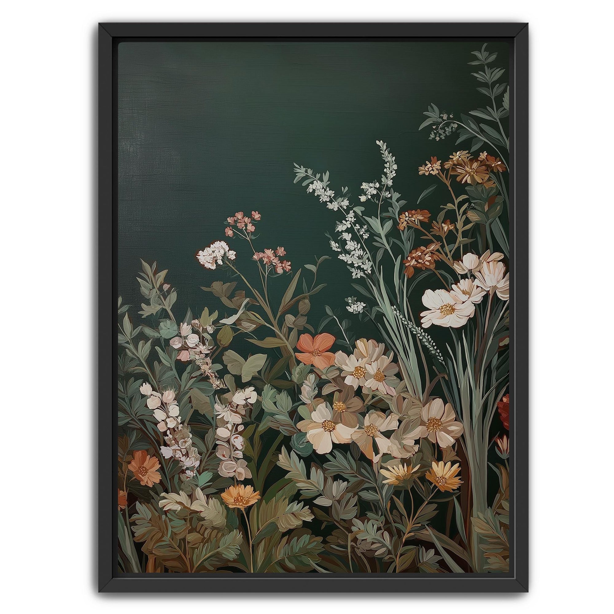 Dark green floral wall art with vintage botanical style