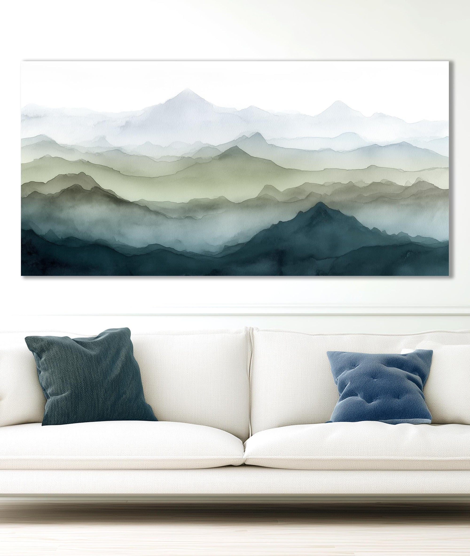 Watercolor mountain range wall art in soft neutral tones, horizontal landscape print