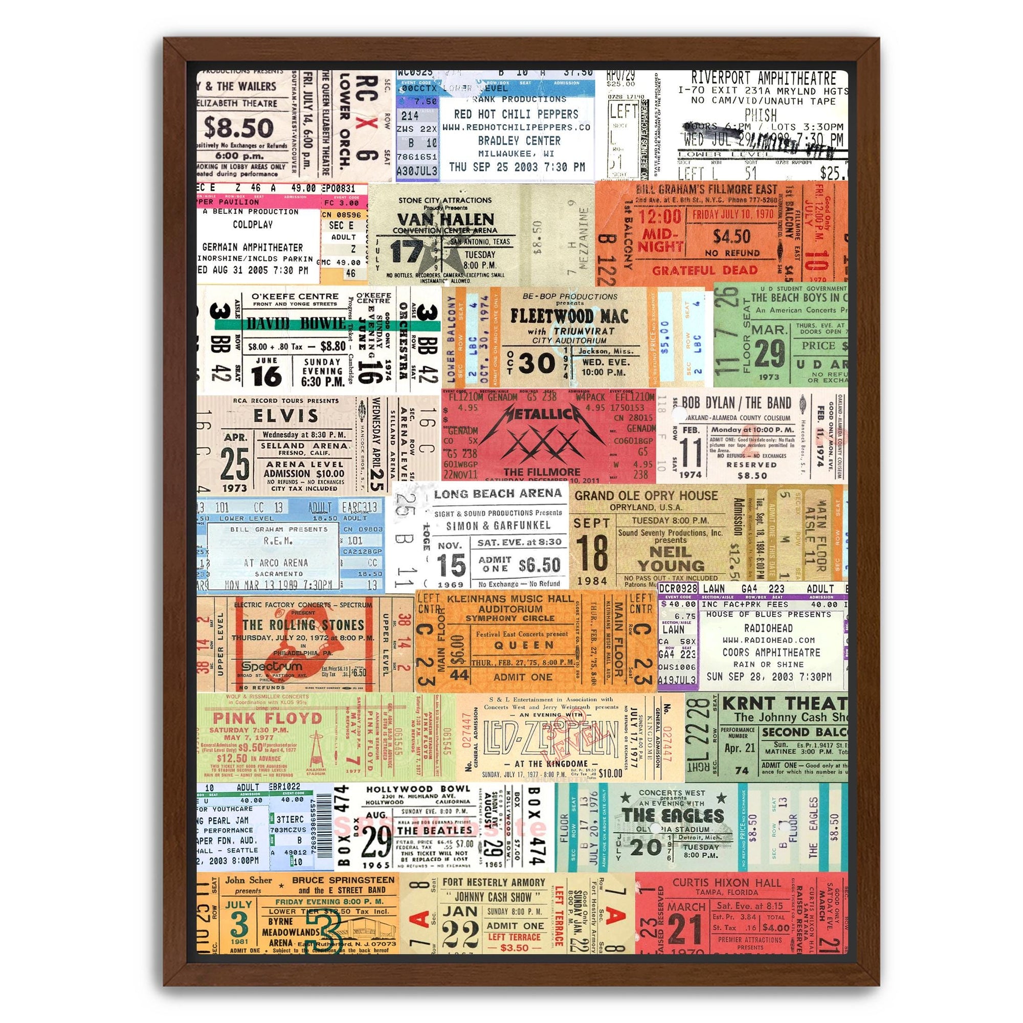 Rock music wall decor with vintage ticket stubs collage