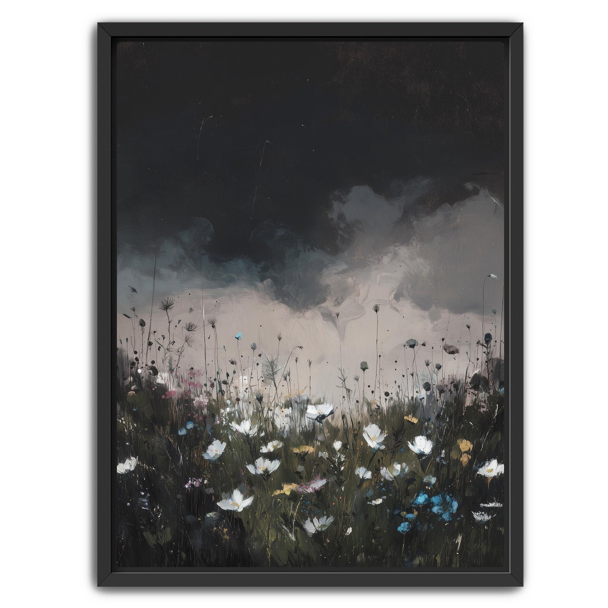 Stormy mountain meadow painting with spring wildflowers