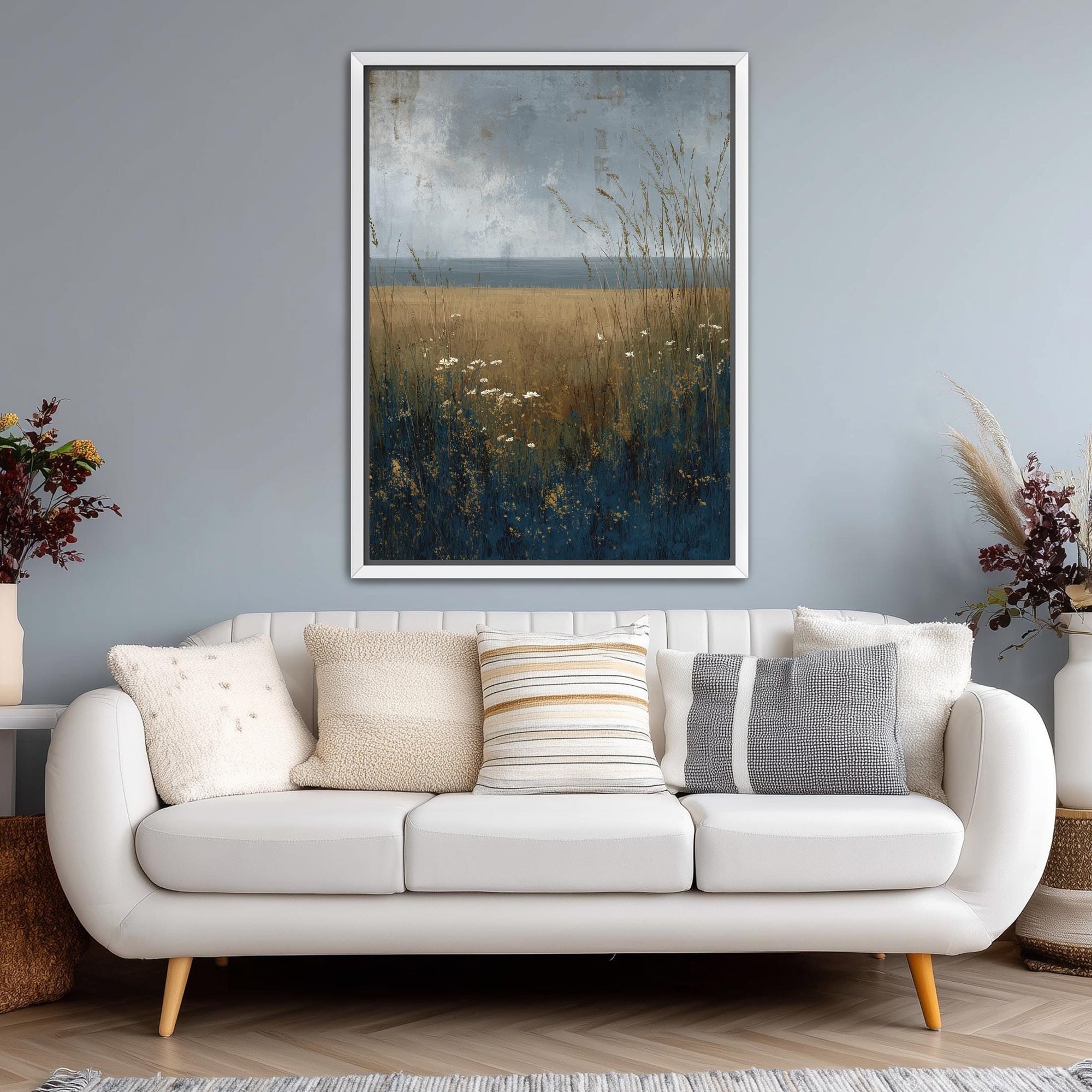 Framed coastal landscape art with painterly surface texture