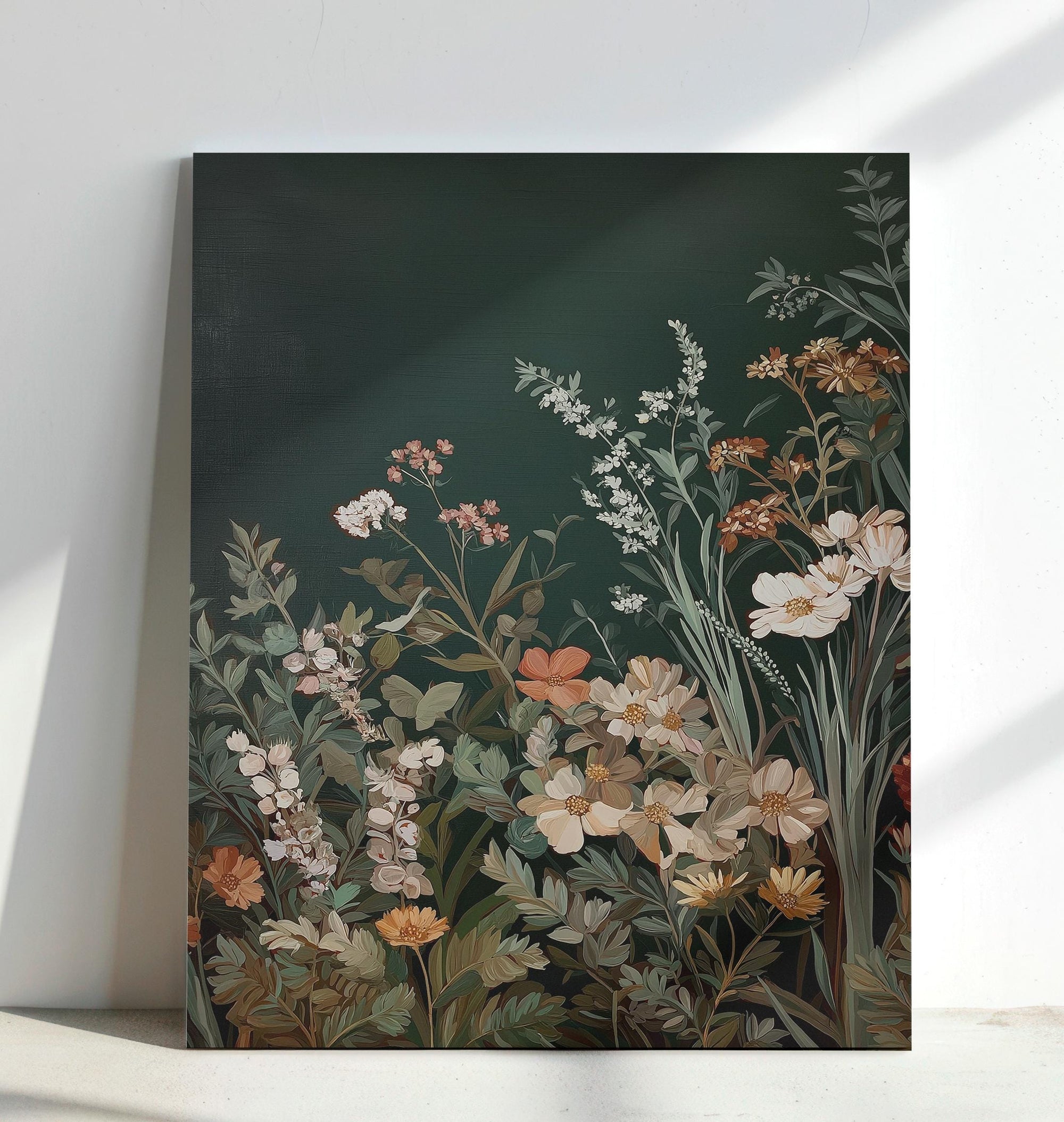 Elegant floral artwork with dark green backdrop