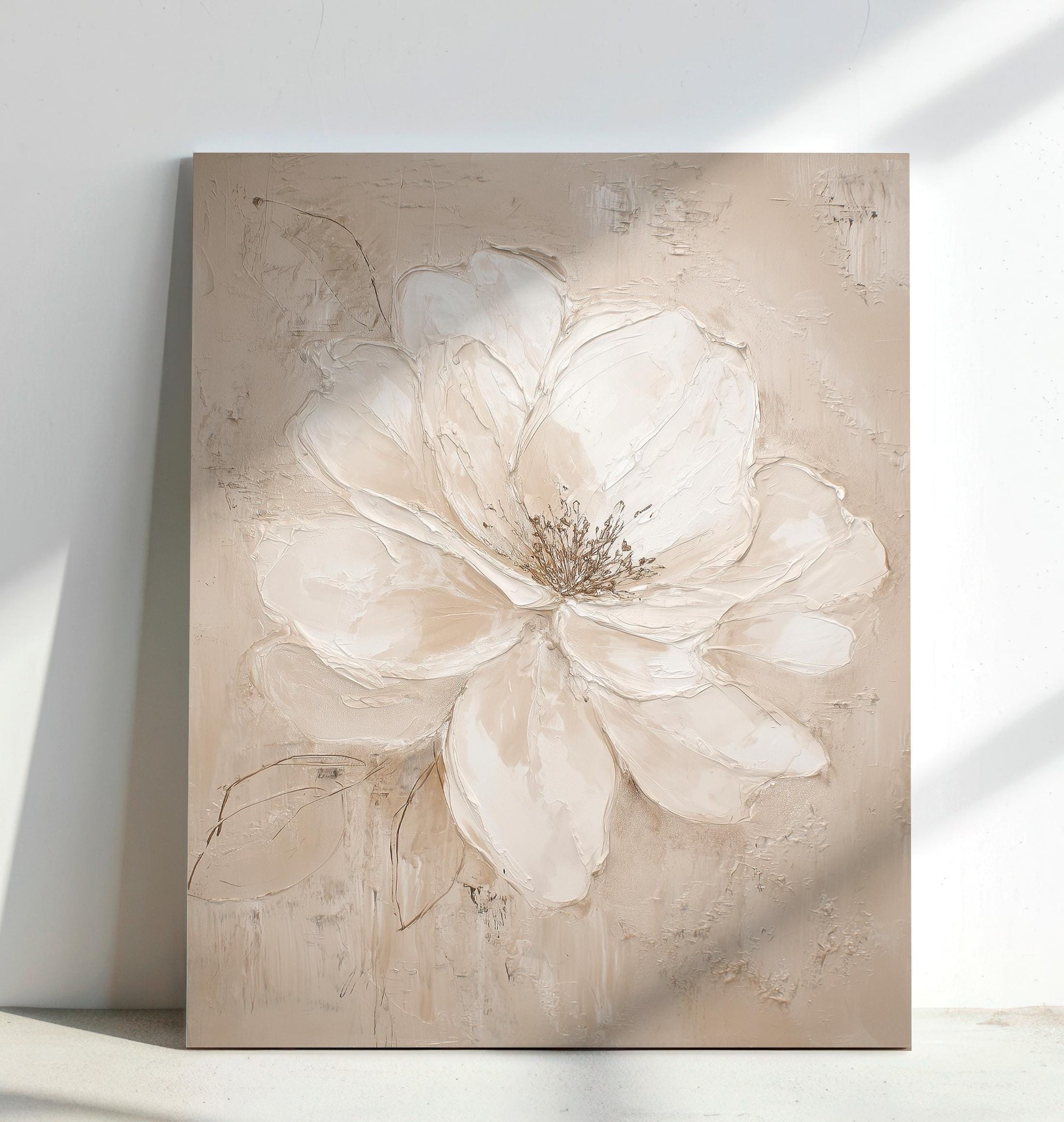 Textured white floral painting on beige background