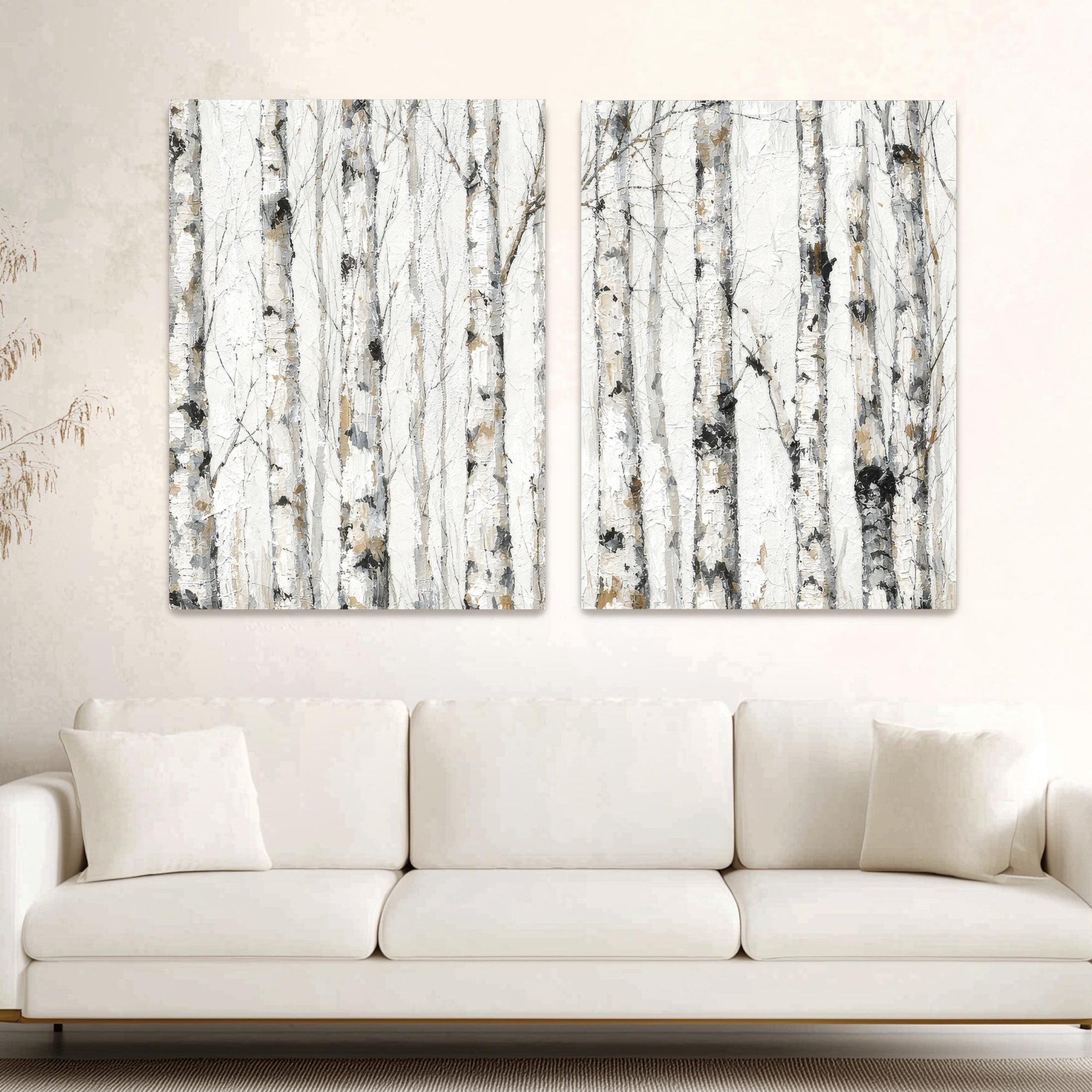 Vertical aspen tree canvas prints with layered paint texture