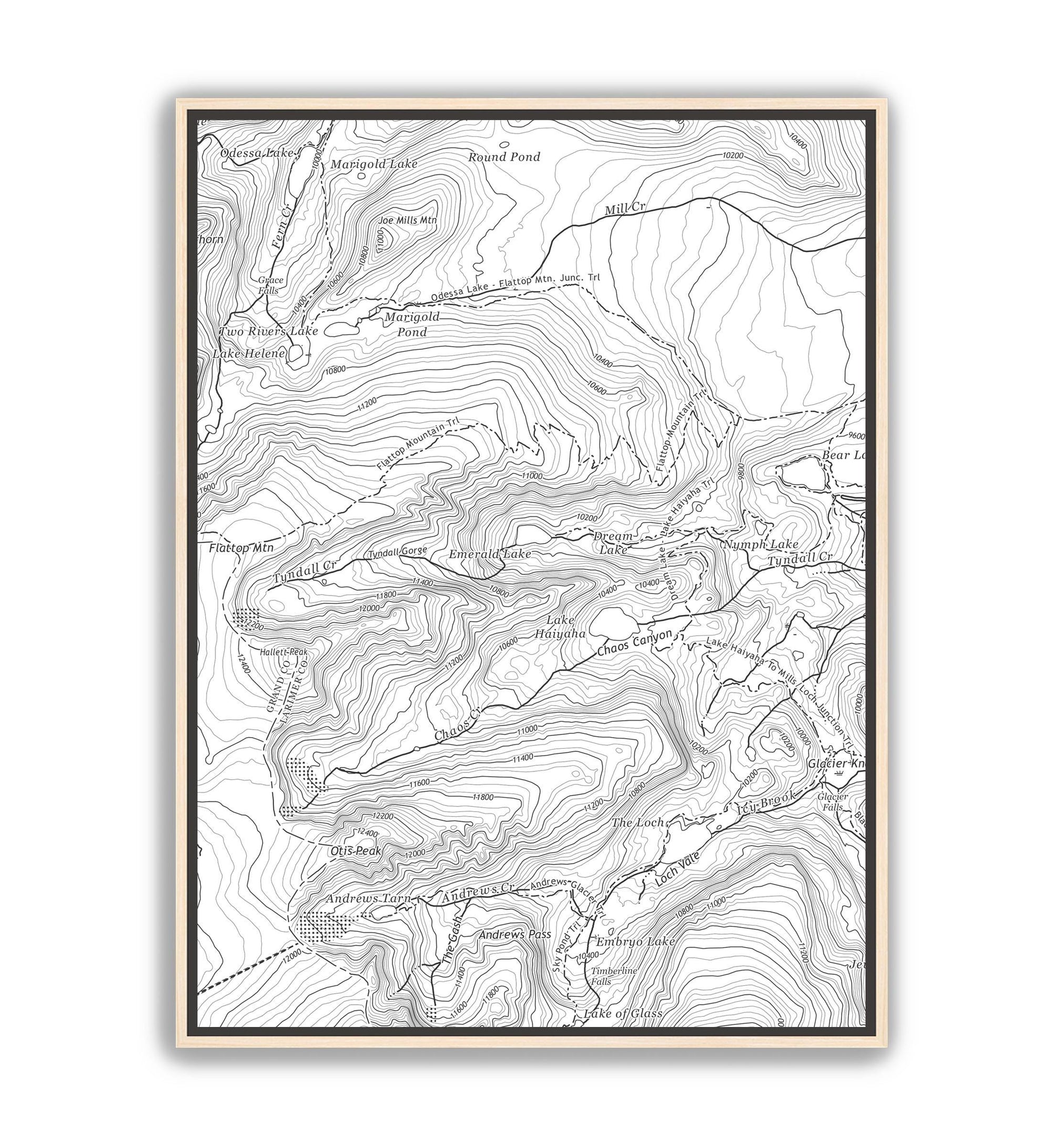 rocky mountain national park topographic poster natural wood frame