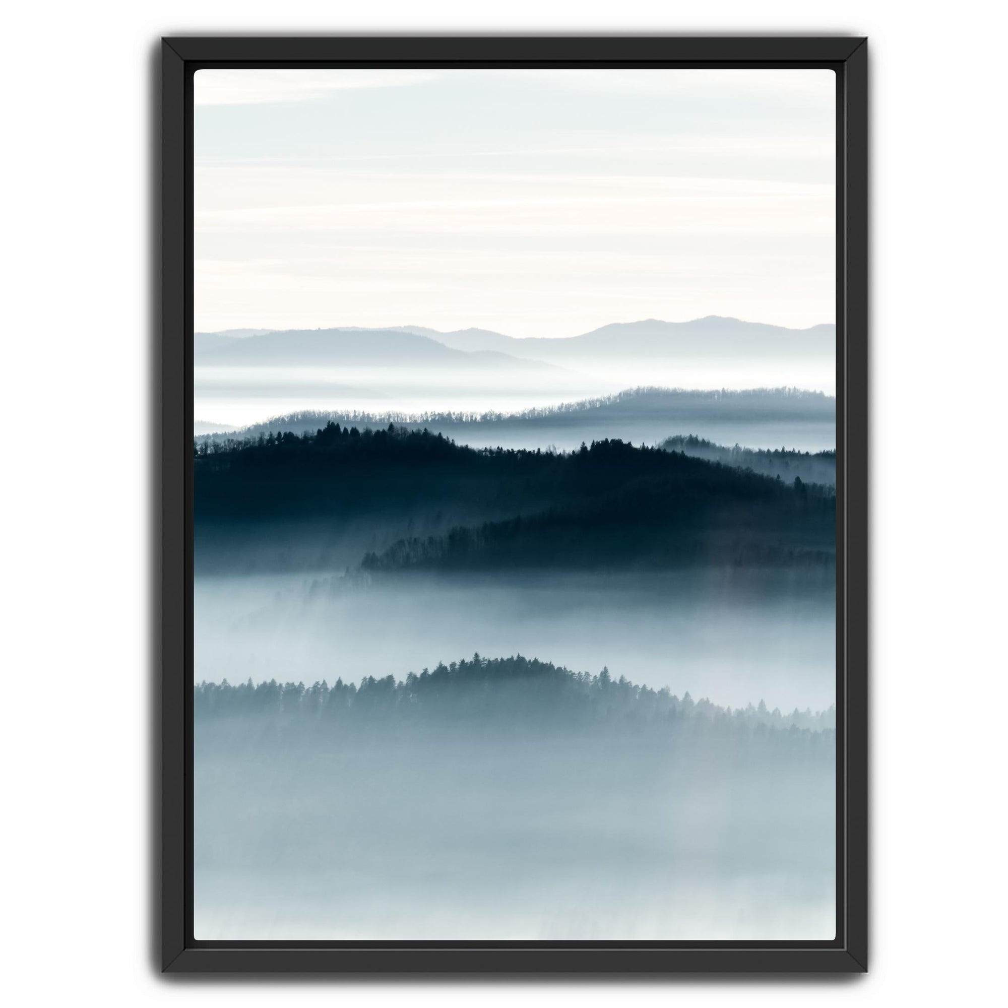 Soft foggy mountain artwork in light airy color palette
