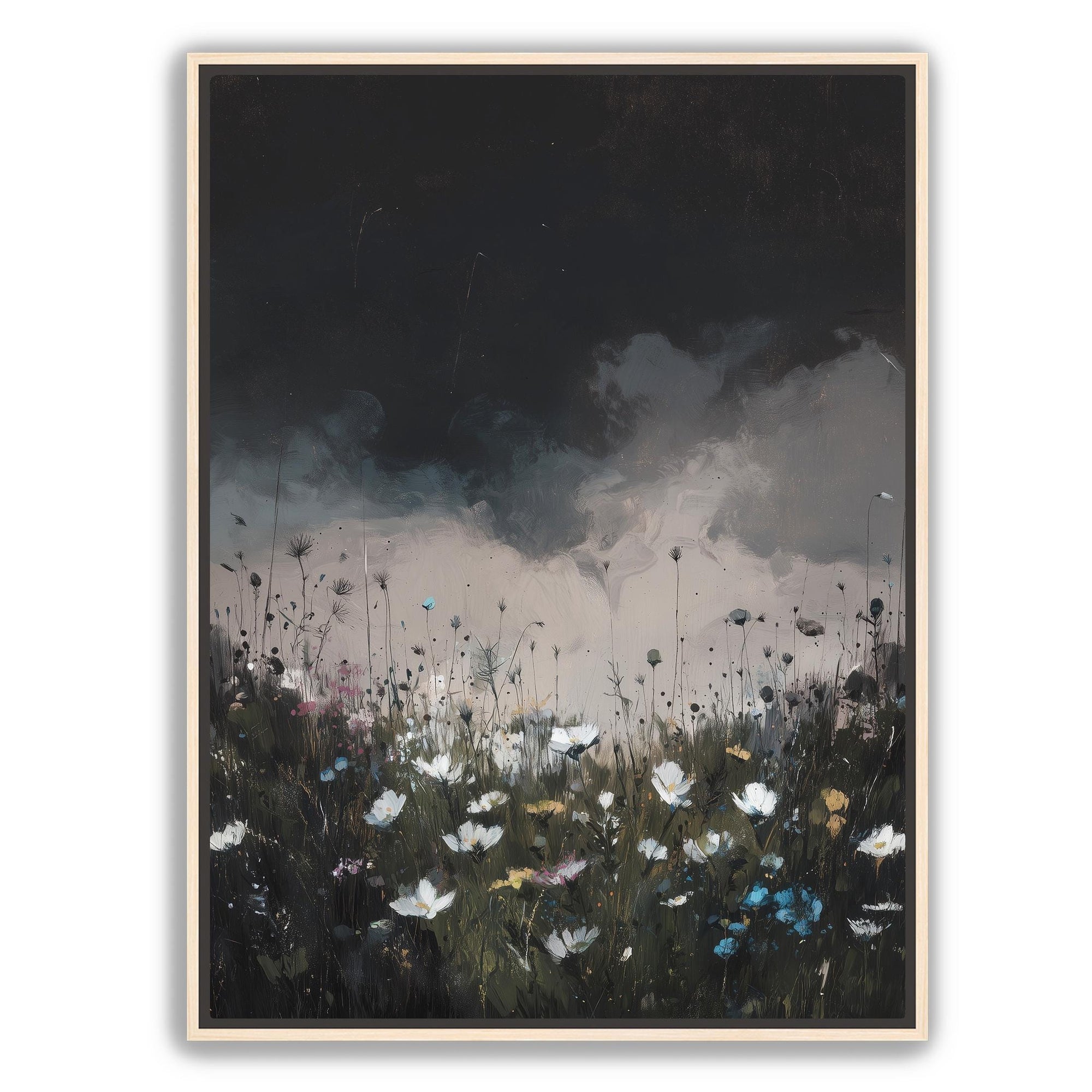 Framed landscape art showing spring flowers and storm clouds