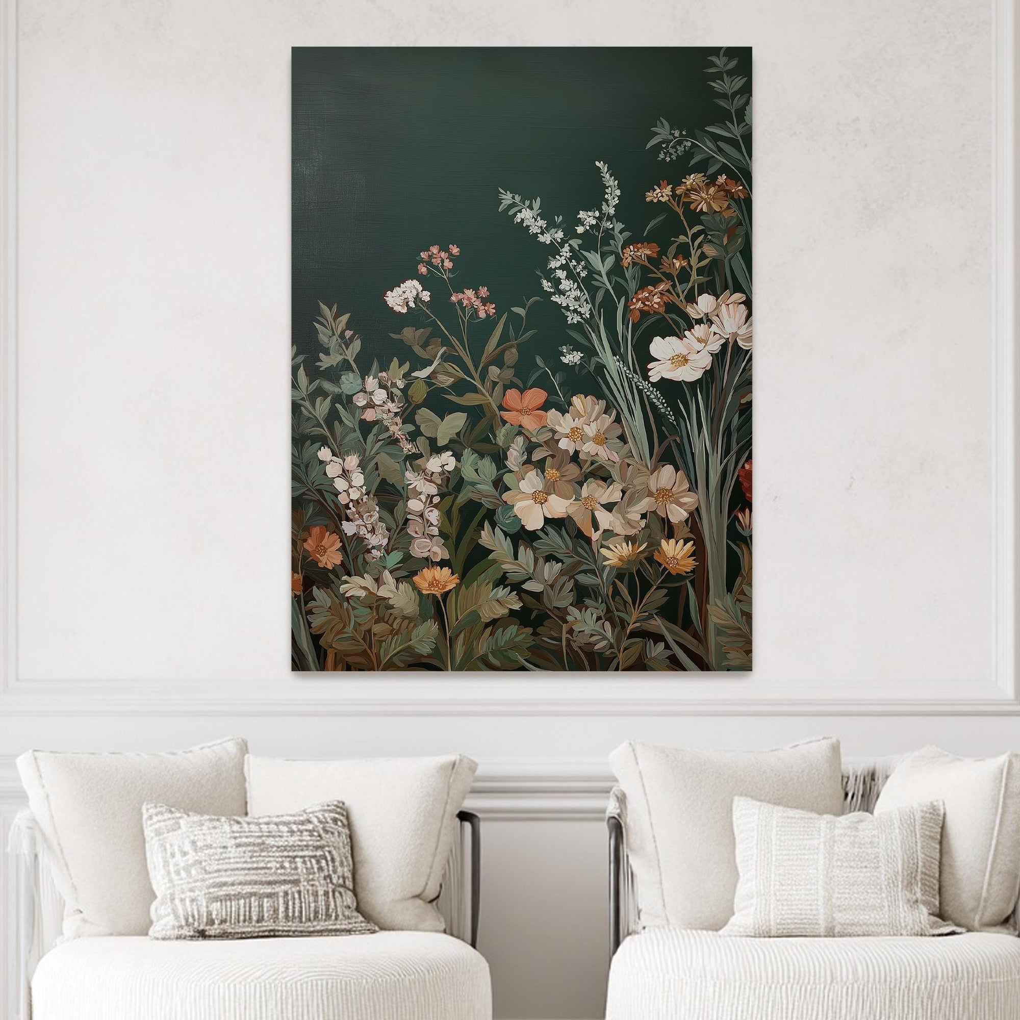 Vertical floral illustration on deep green background