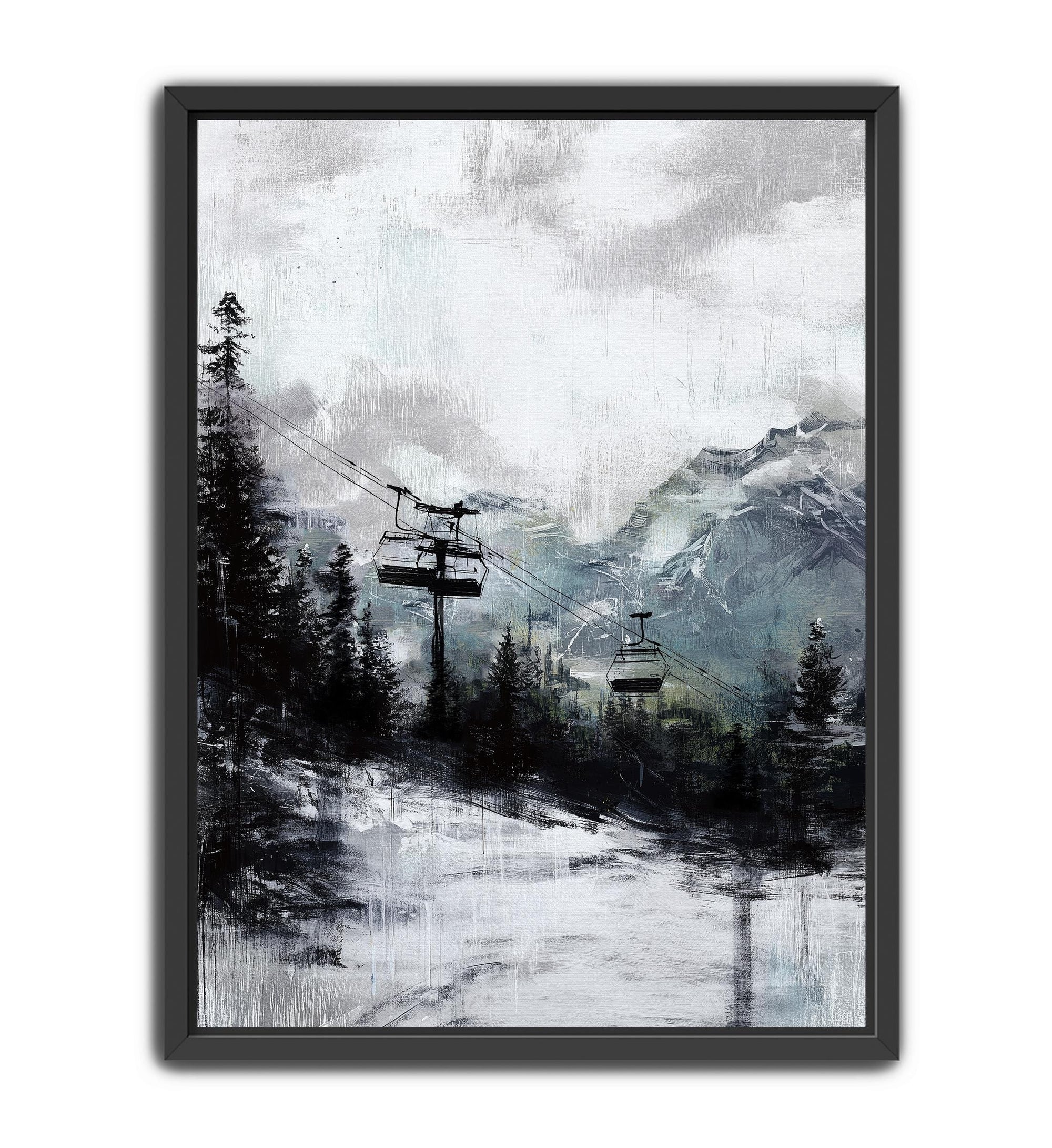 Ski lift winter landscape wall art with muted colors