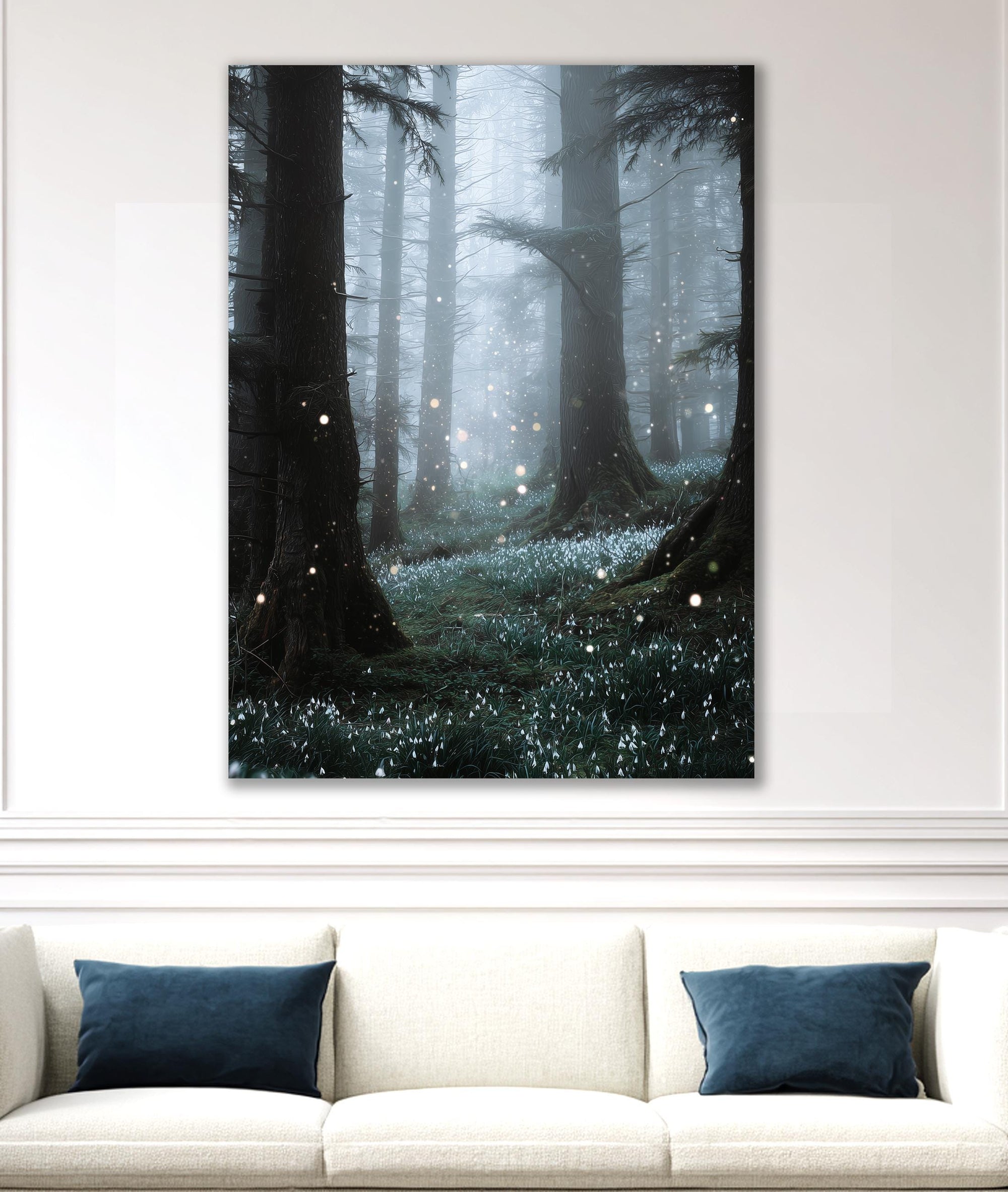 Moody forest art print featuring tall trees and peaceful woodland atmosphere