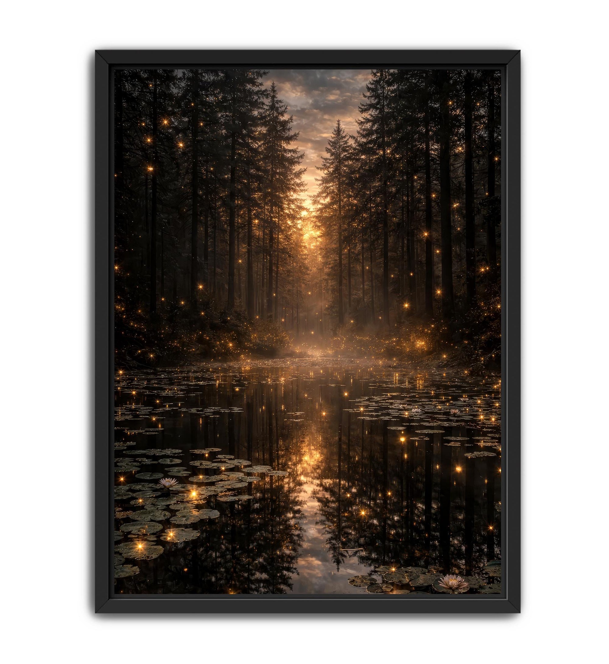 Golden hour firefly forest lake wall art