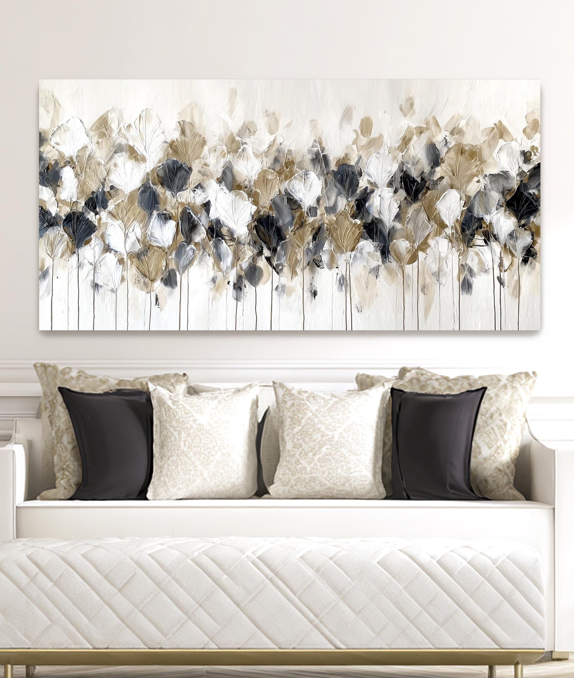 Gold leaf abstract wall art above sofa