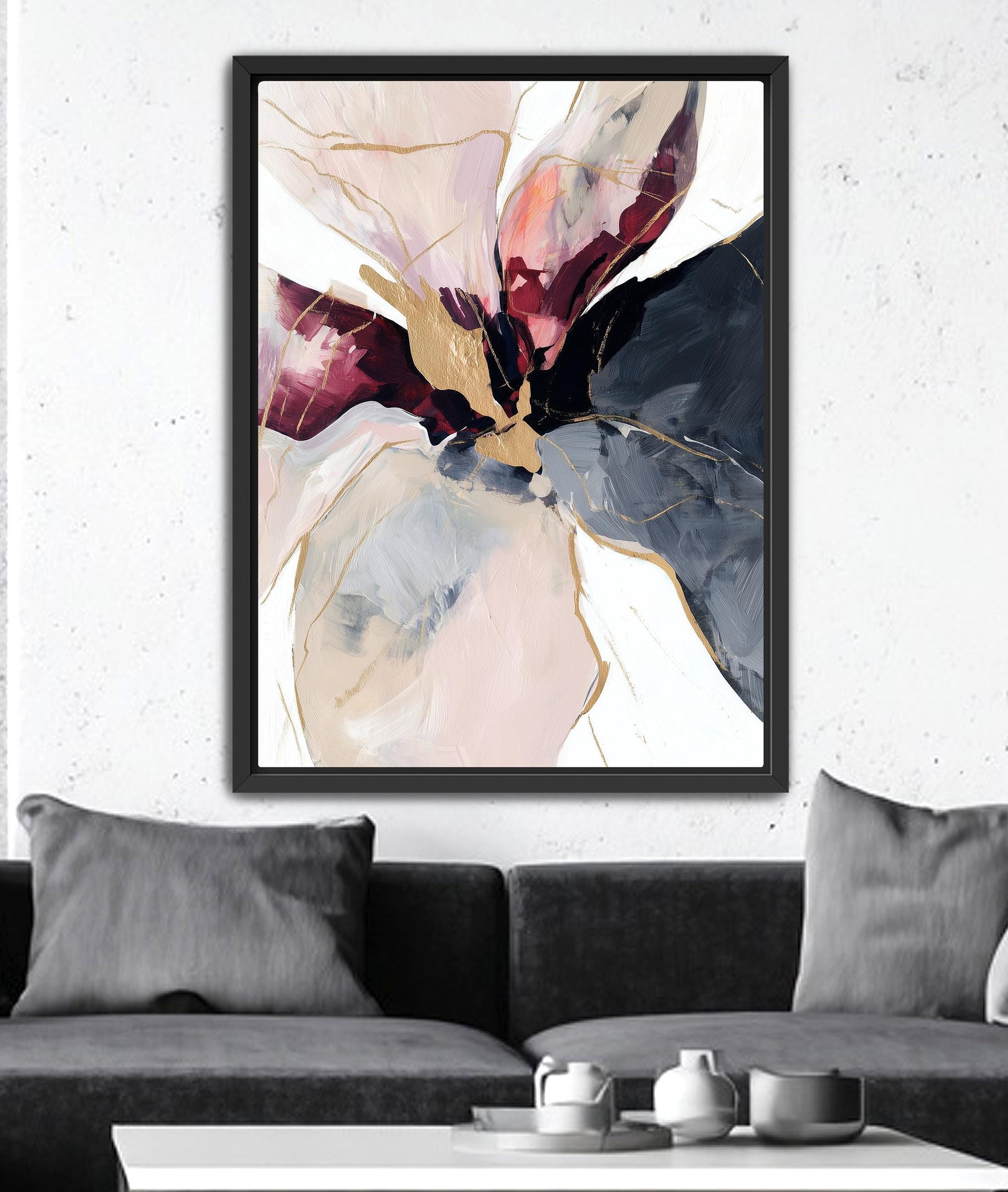 maroon gold abstract floral wall art