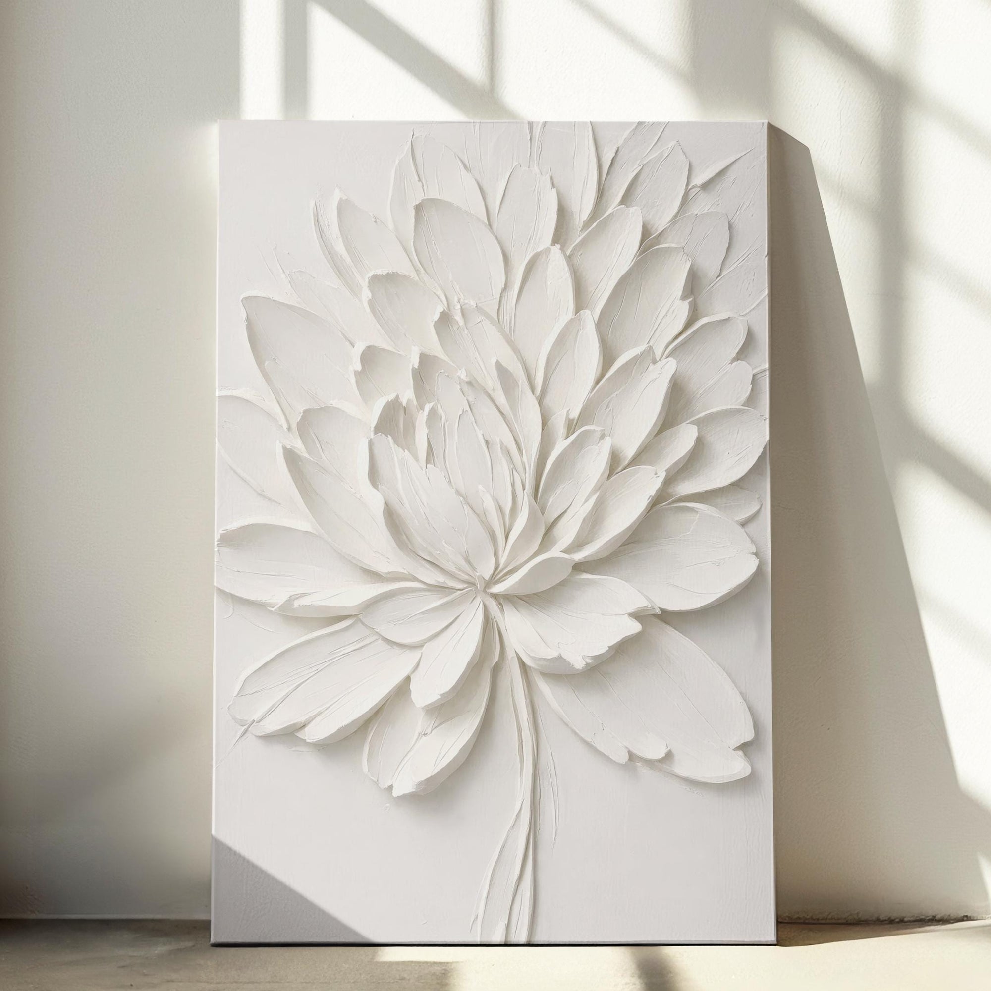 White sculpted floral wall art with thick impasto paint texture