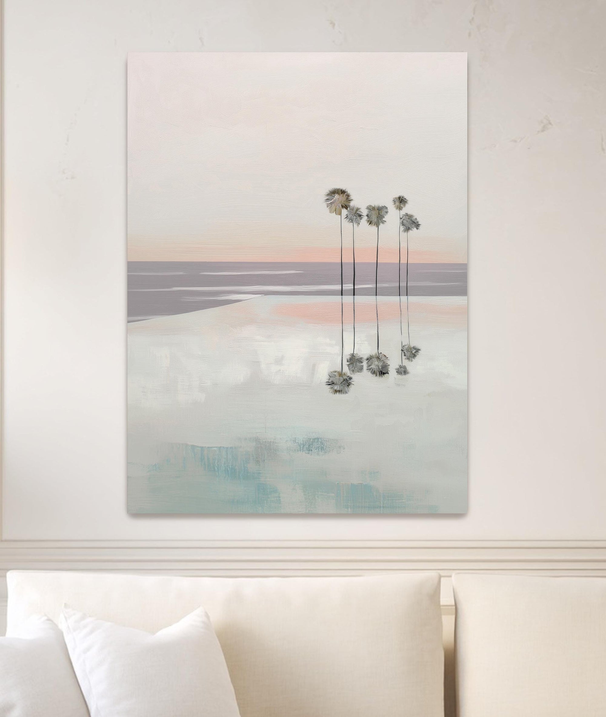 Abstract coastal wall art with palm trees reflected in calm ocean water