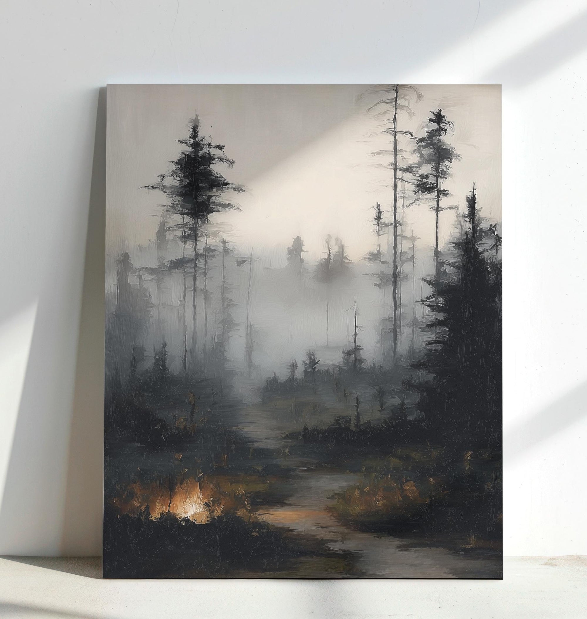 Foggy woods artwork with glowing campfire