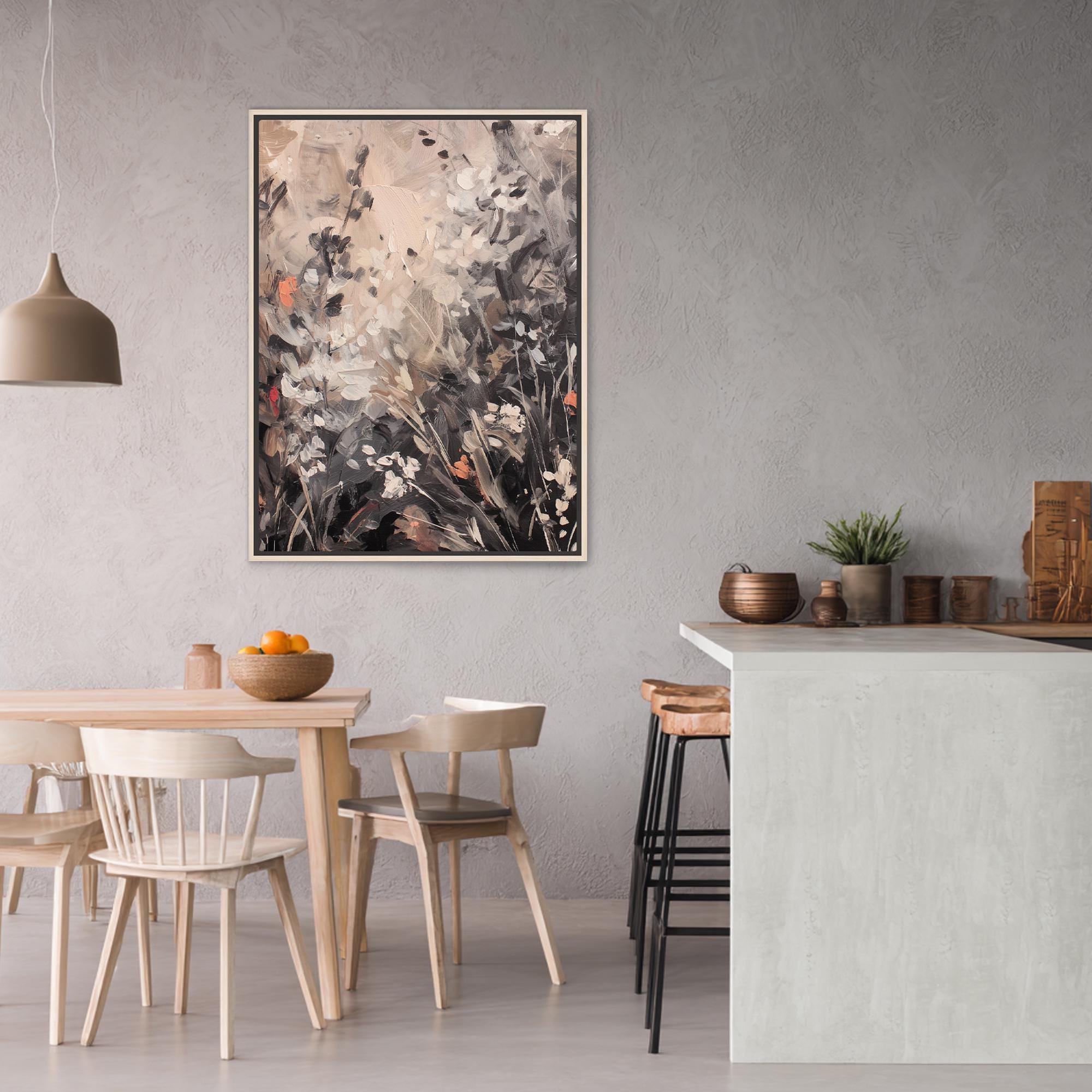 Neutral meadow wall art on floating canvas with painterly texture
