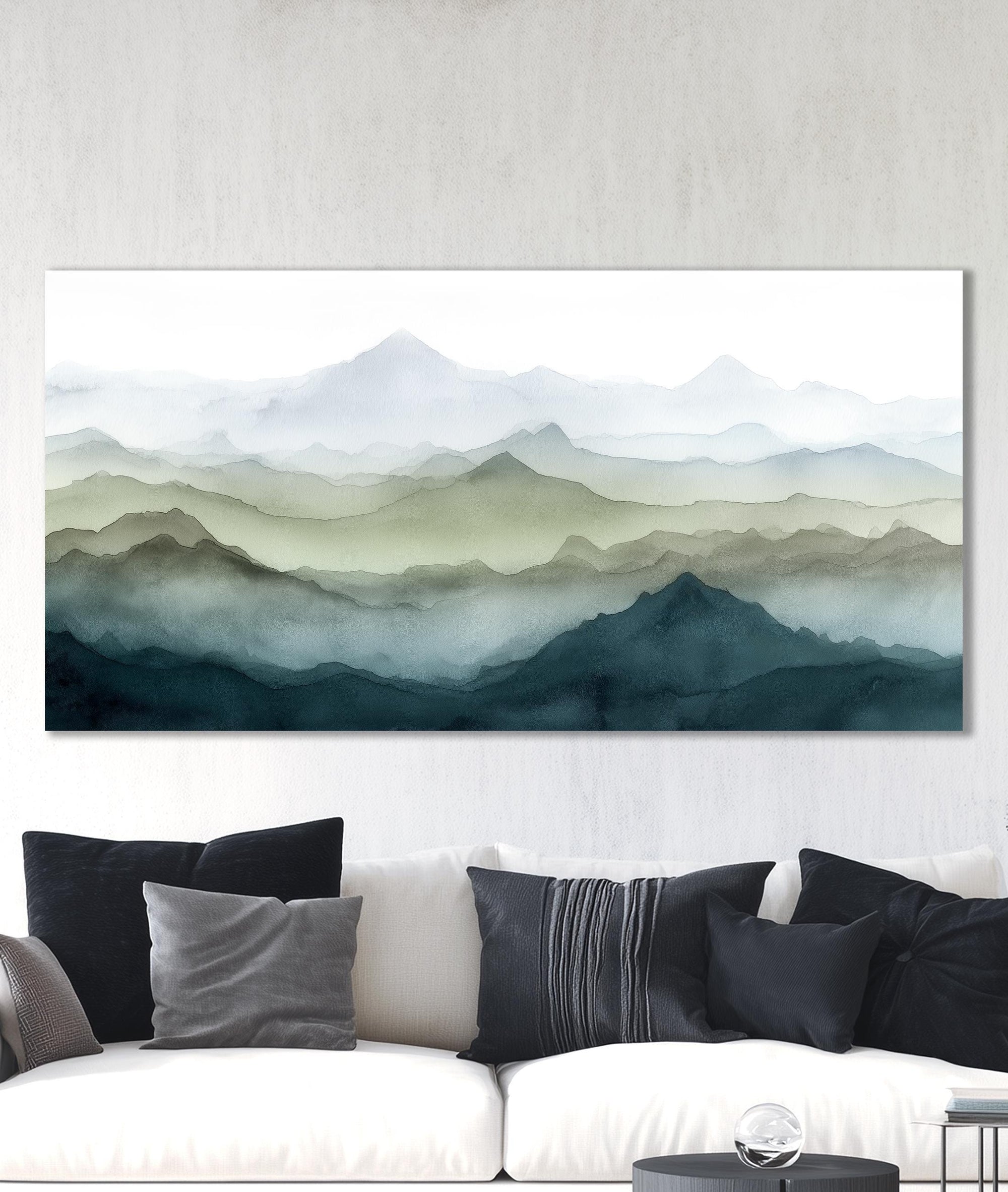 Horizontal watercolor nature wall art with layered mountain silhouettes