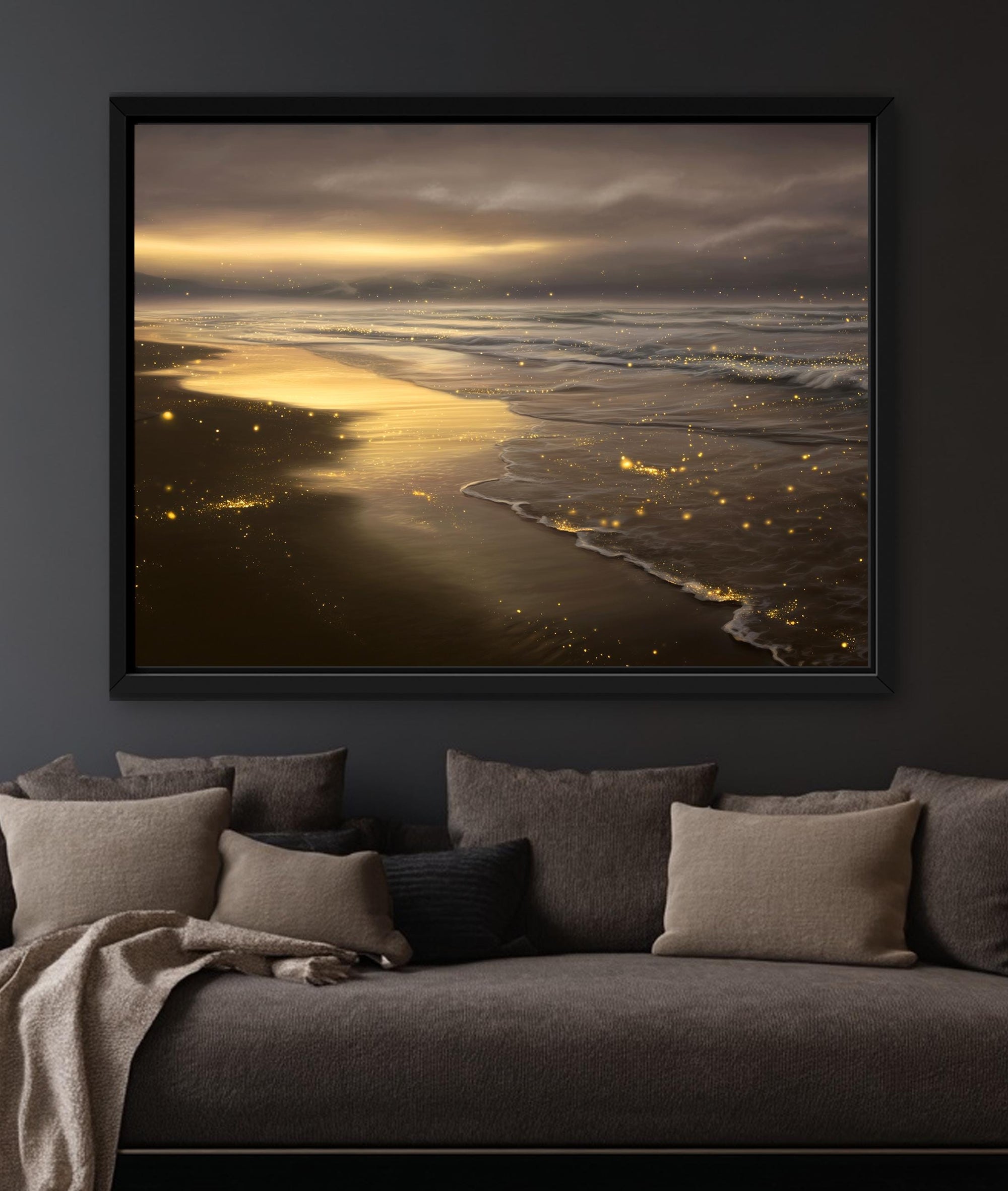 Large coastal canvas wall art with soft beach light and calm water