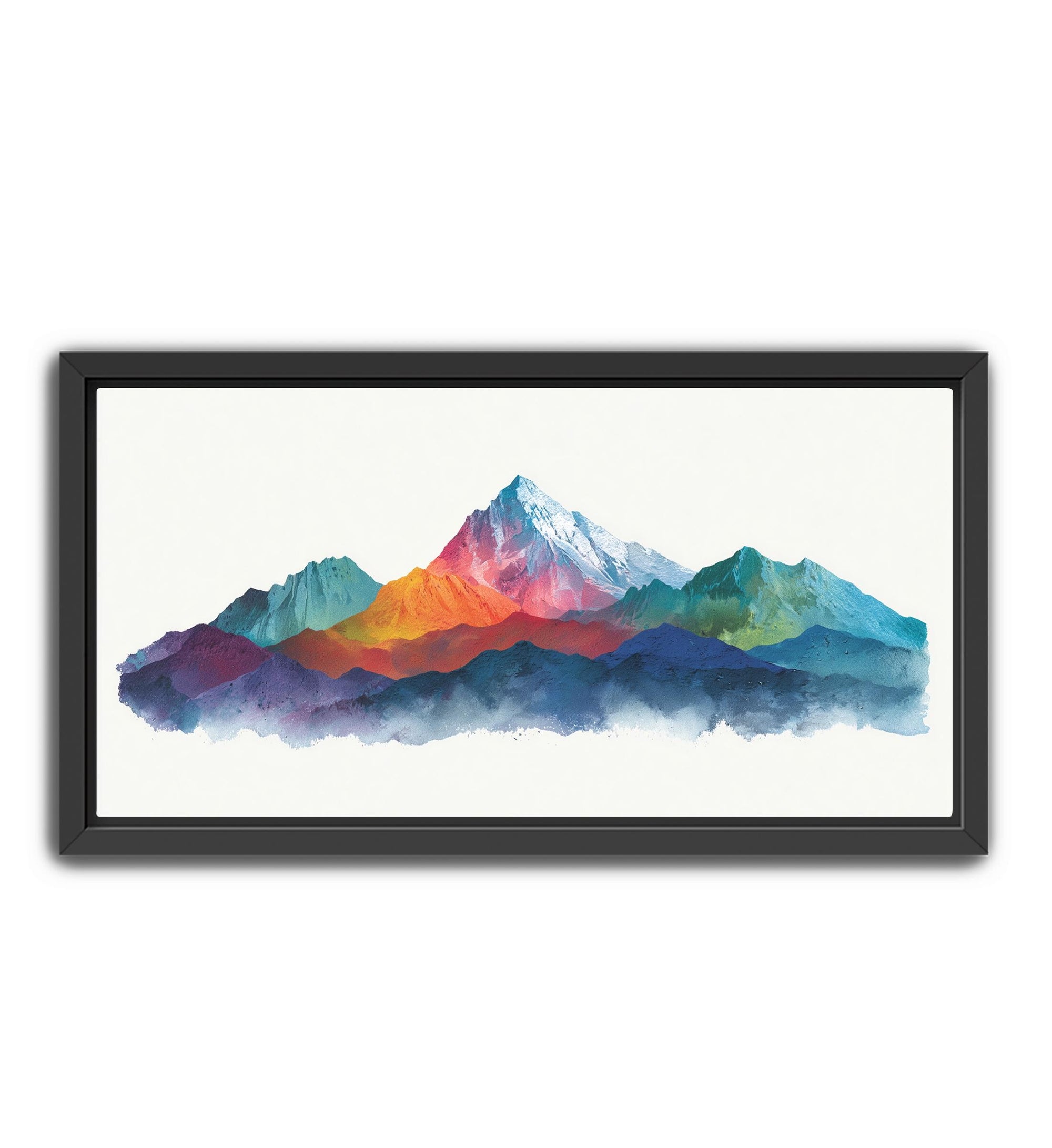 Floating framed canvas with colorful mountain design