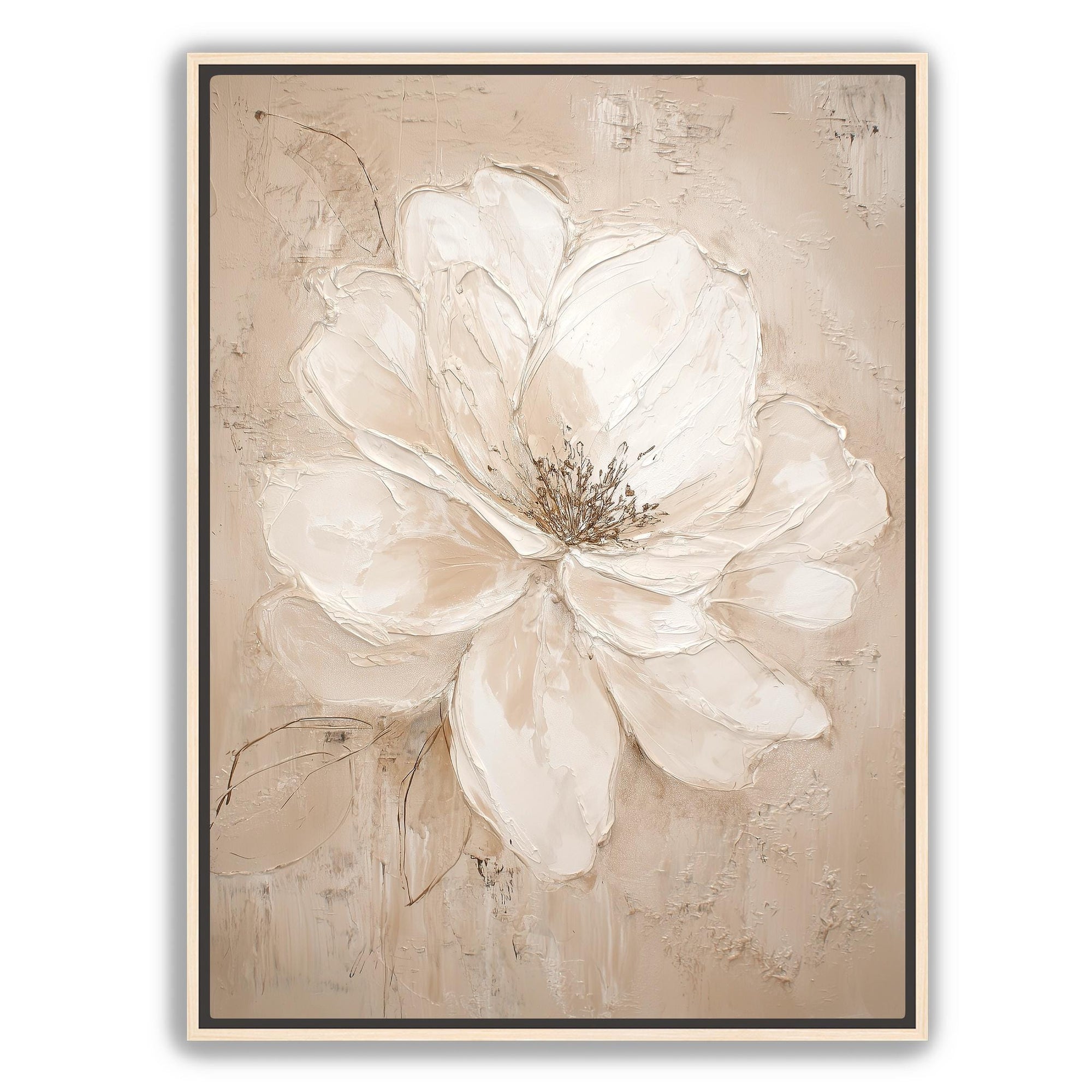 Beige and white floral artwork framed on wall