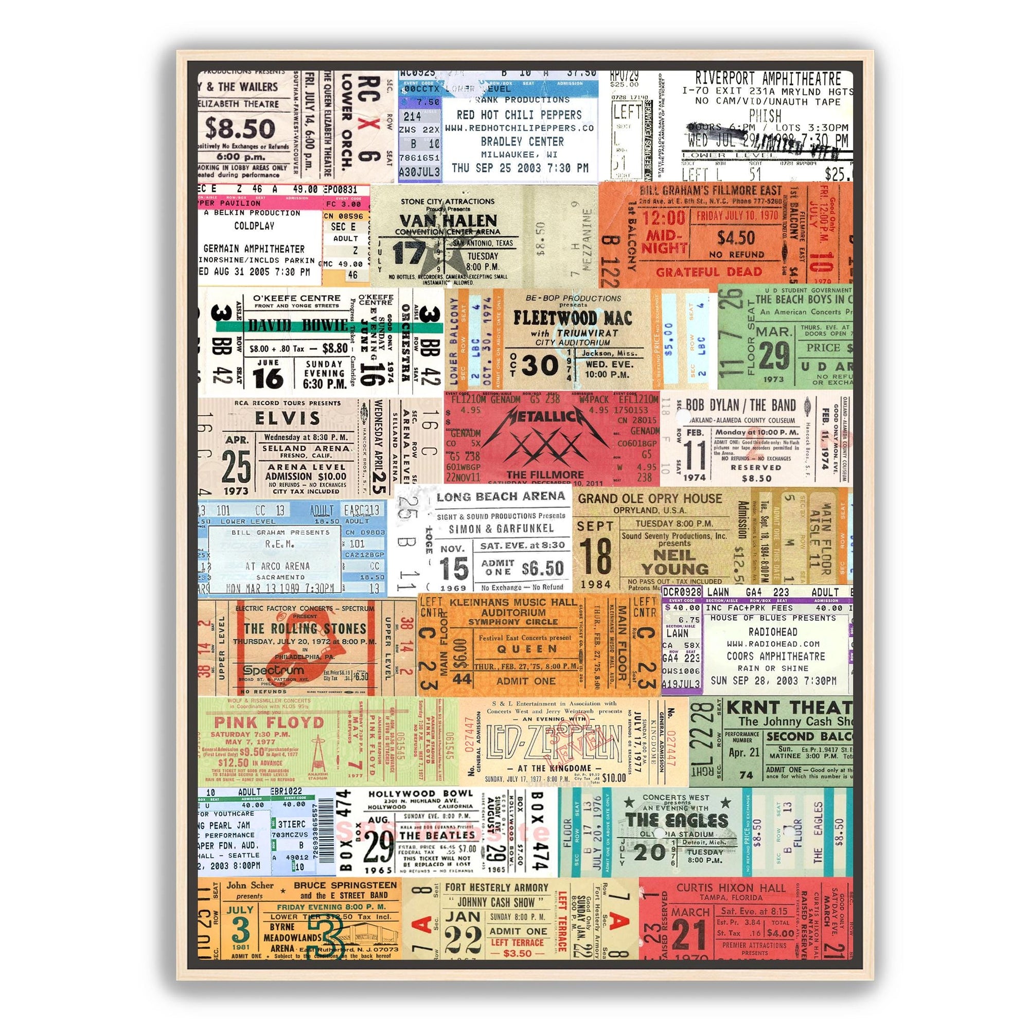 Classic rock wall art collage featuring historic concert tickets