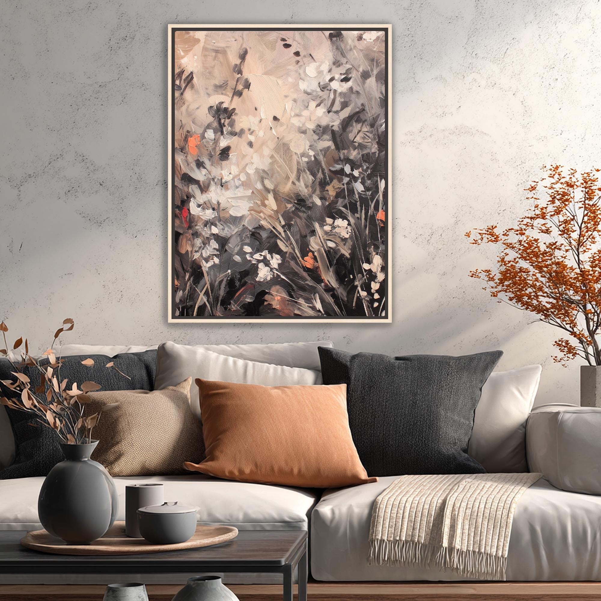 Moody floral landscape art hanging in modern bedroom