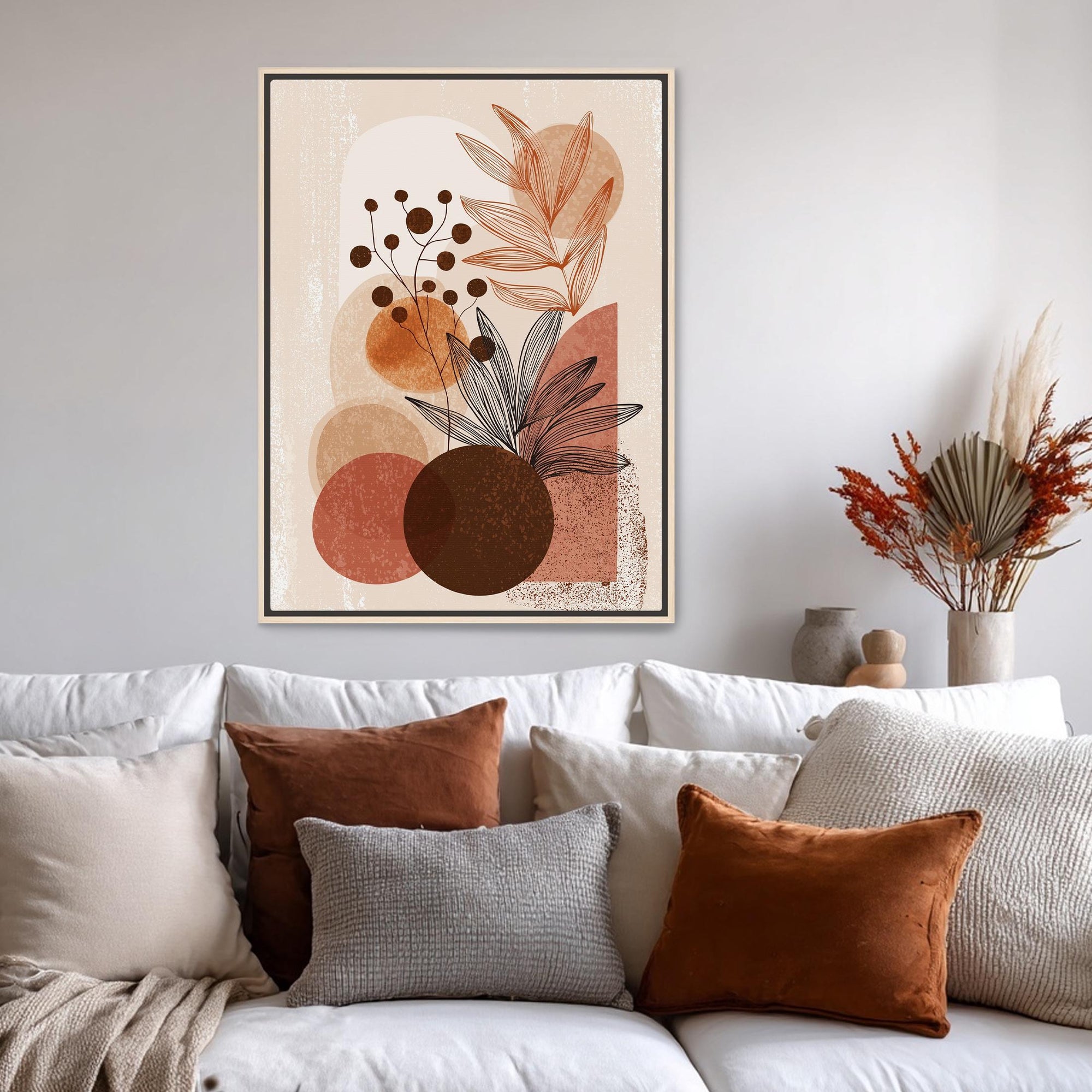 Framed abstract botanical art print in modern interior