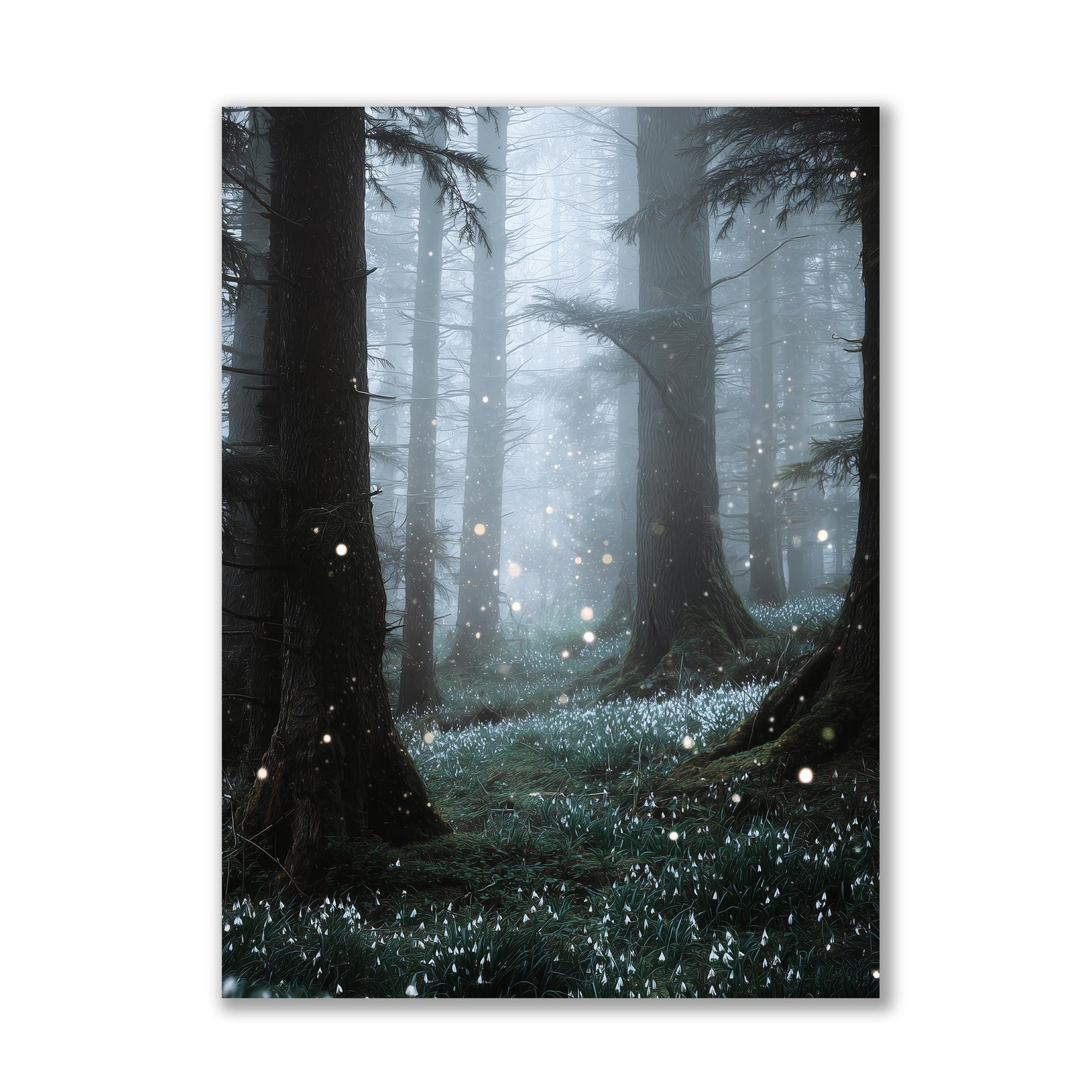 Enchanted winter forest wall art with soft golden glowing lights and misty trees