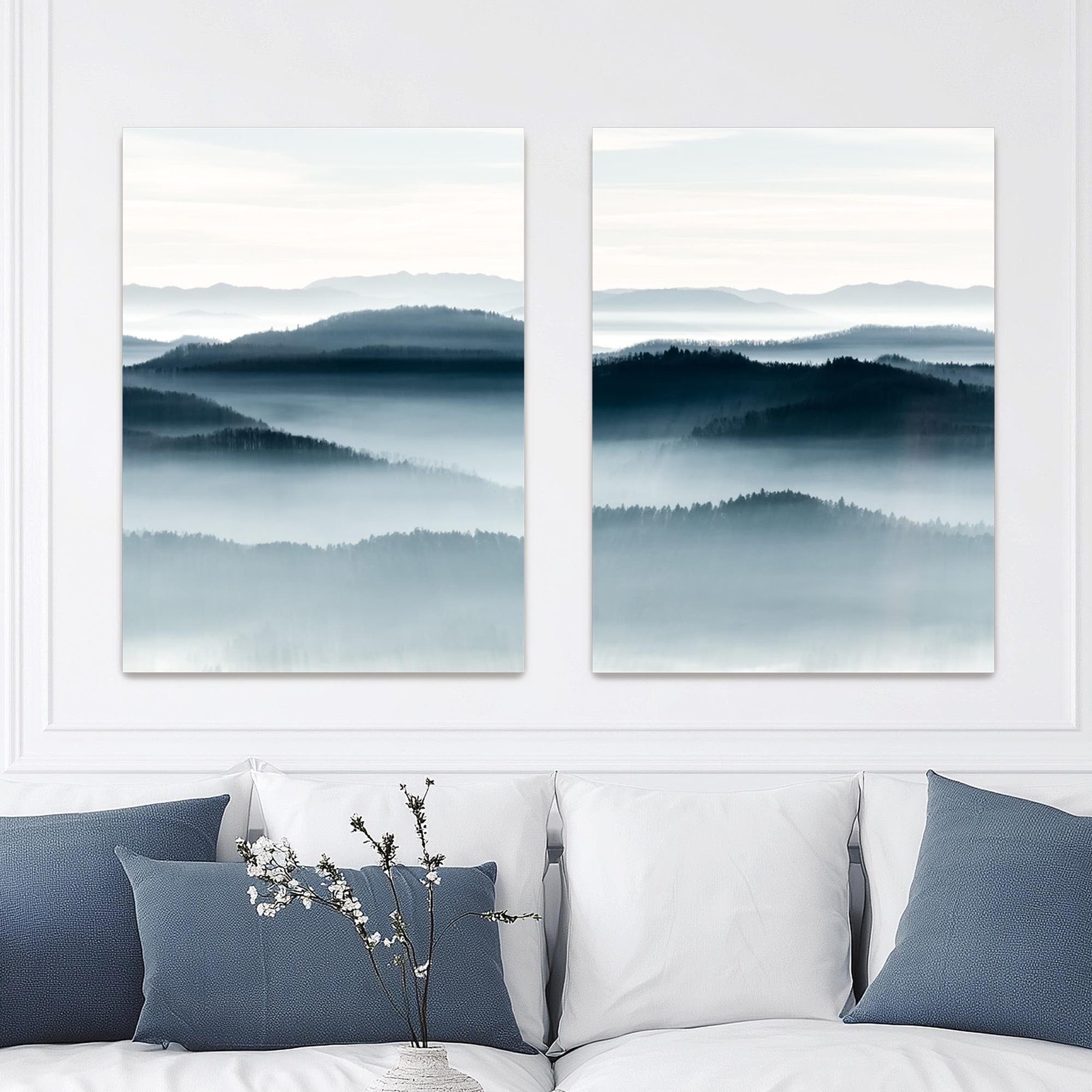 Layered mountain fog canvas set with soft neutral tones