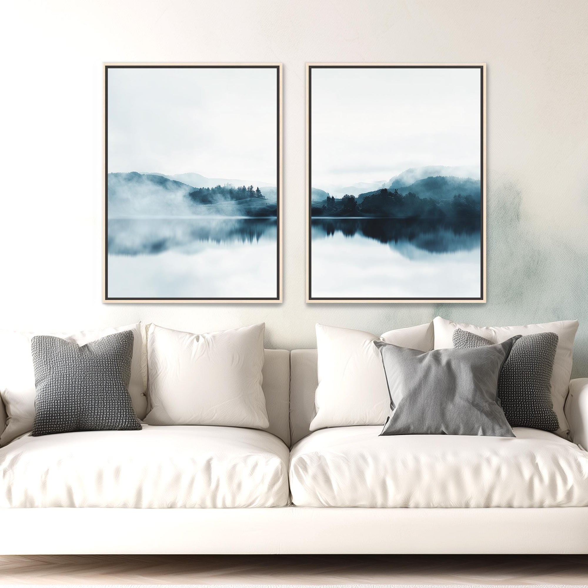 forest reflections wall art set of 2 canvas prints in neutral living room setting