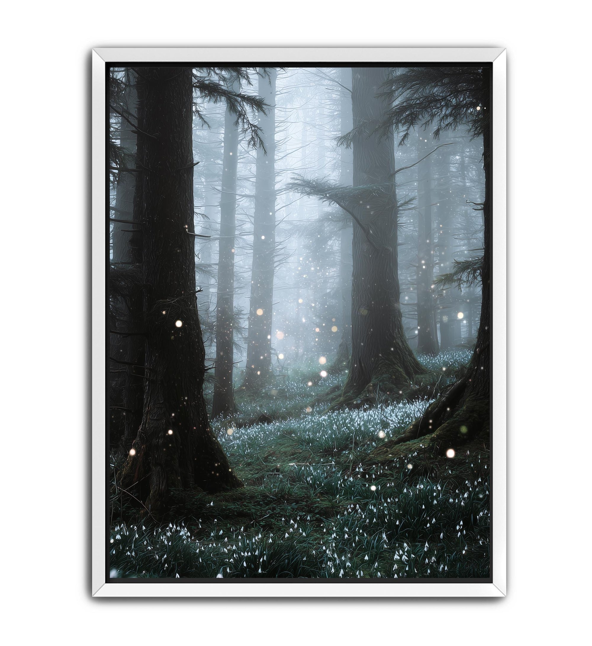 Magical woodland wall art in vertical format with subtle winter tones