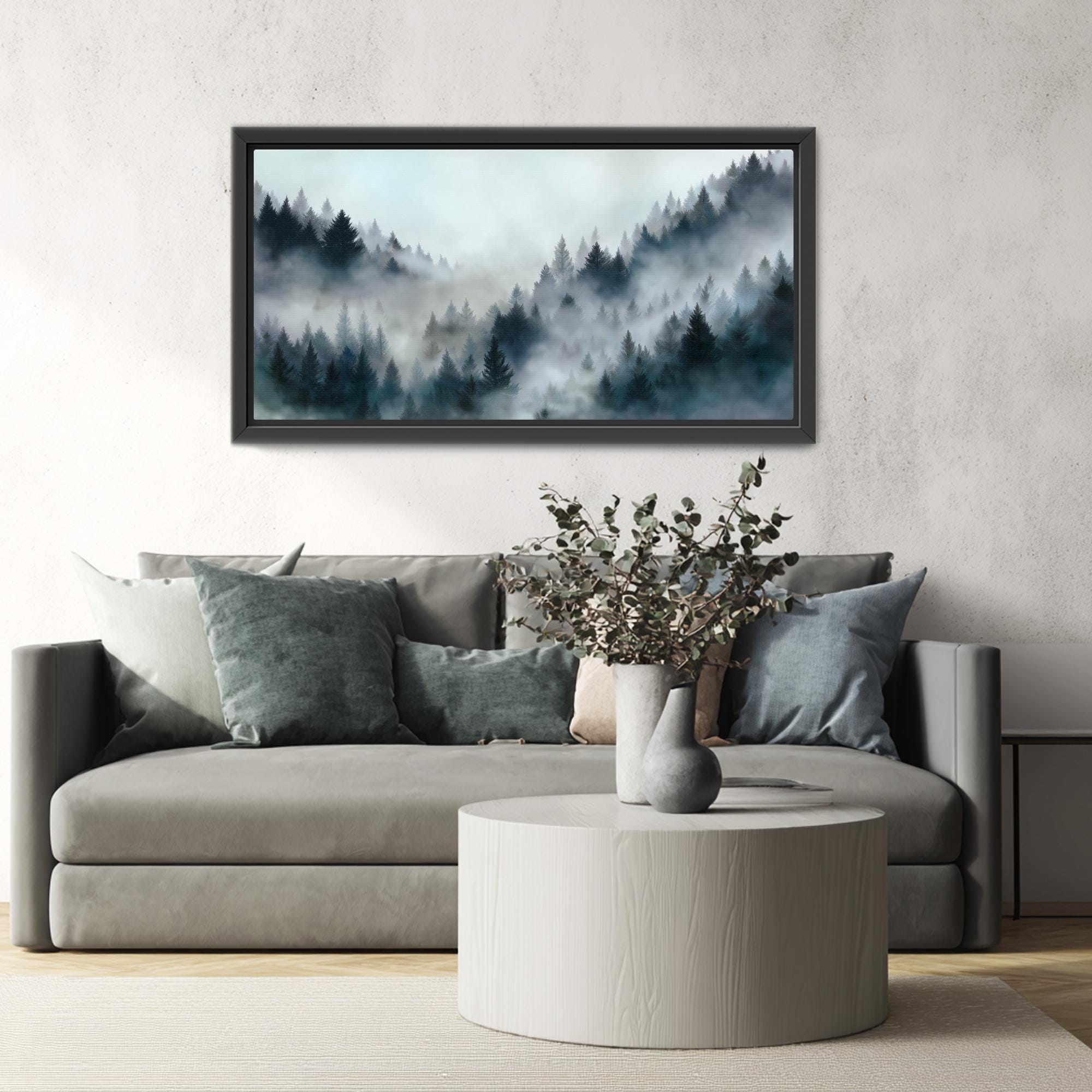 Floating framed canvas featuring misty mountain forest