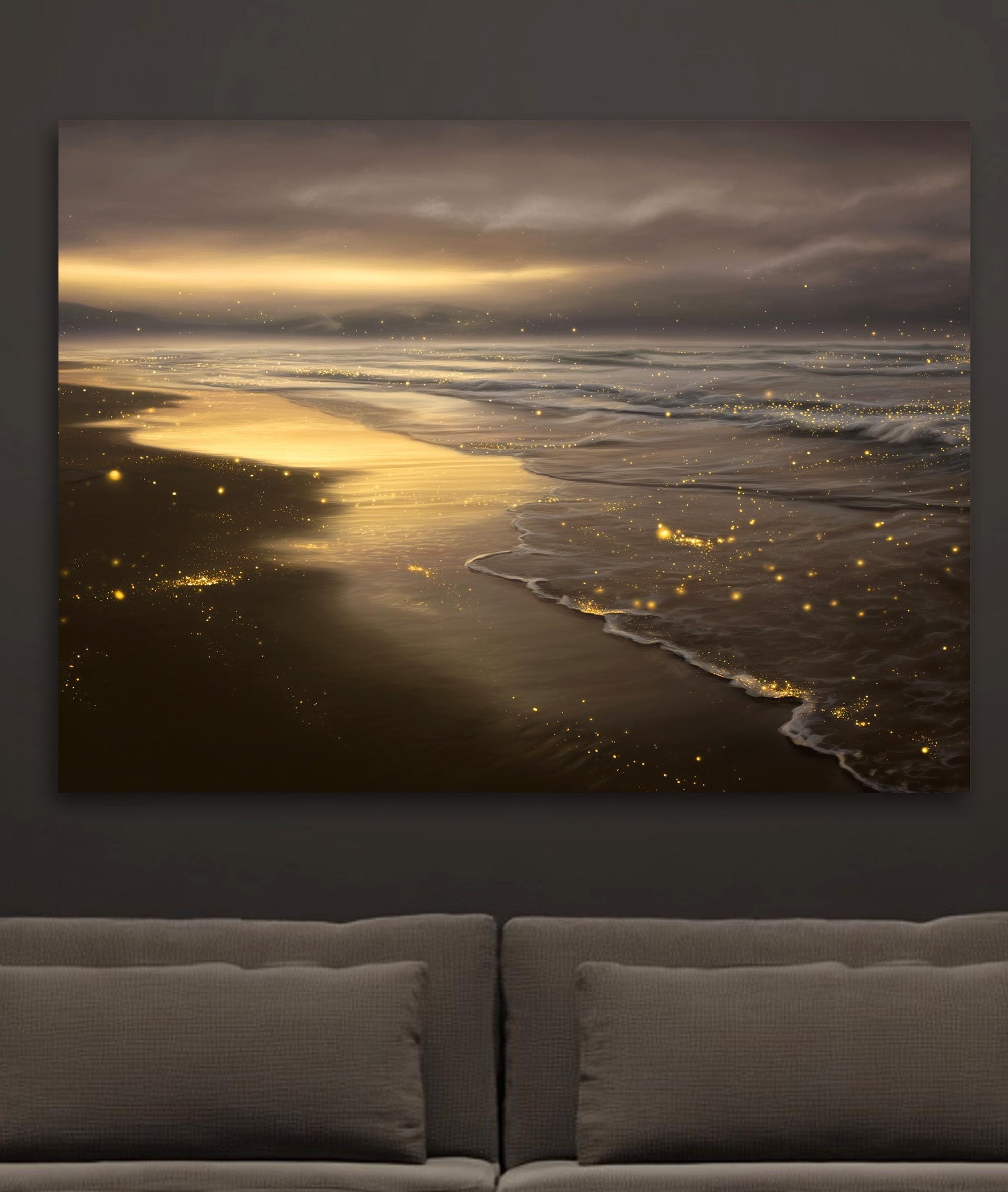Minimal coastal wall art featuring peaceful beach at golden hour