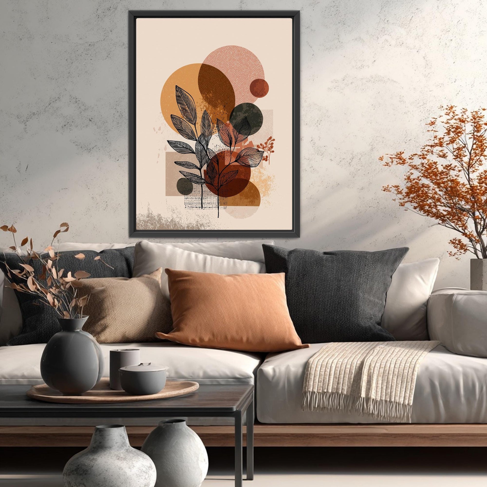 Framed abstract botanical print in modern interior