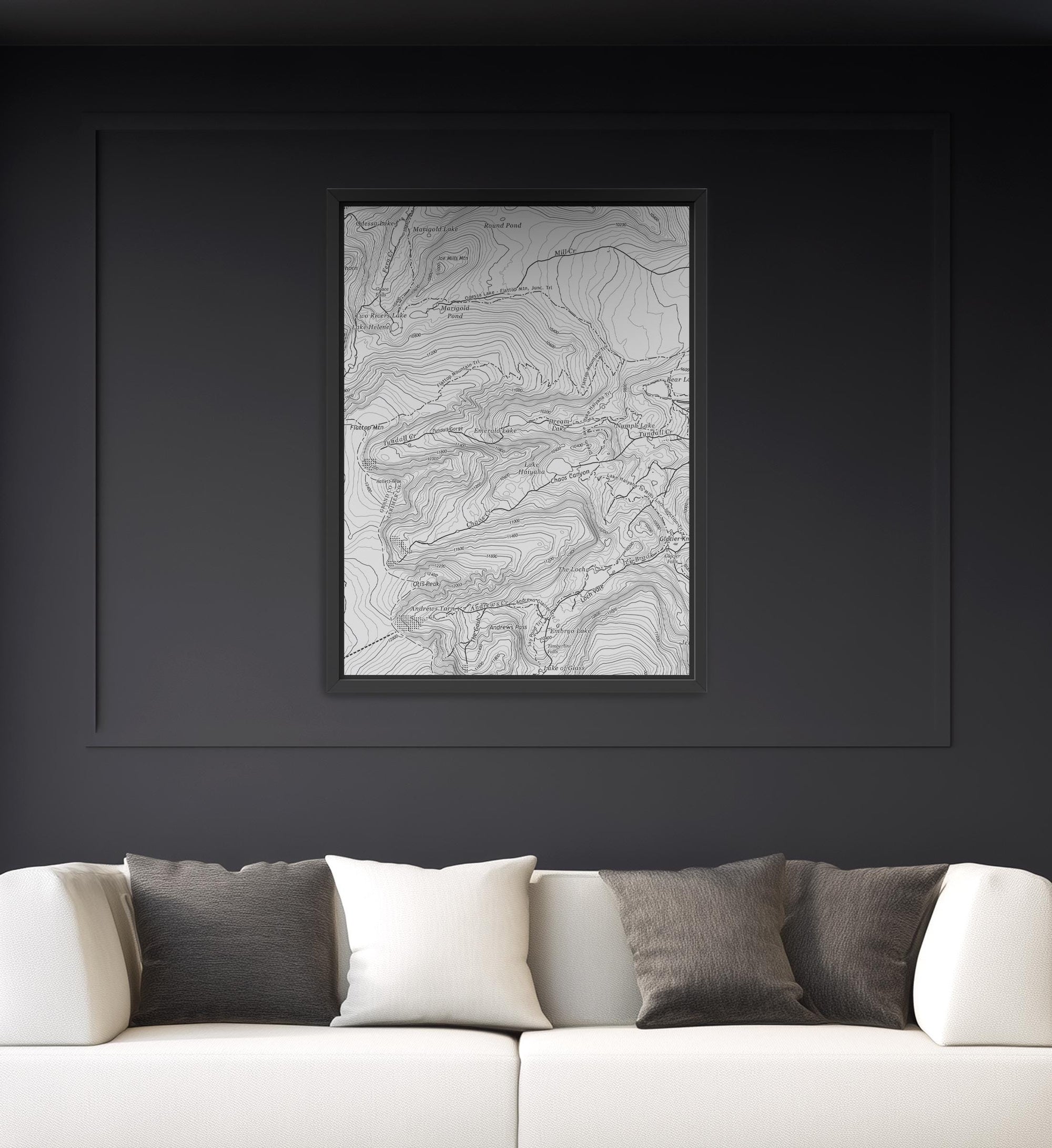 Modern topographic map artwork framed