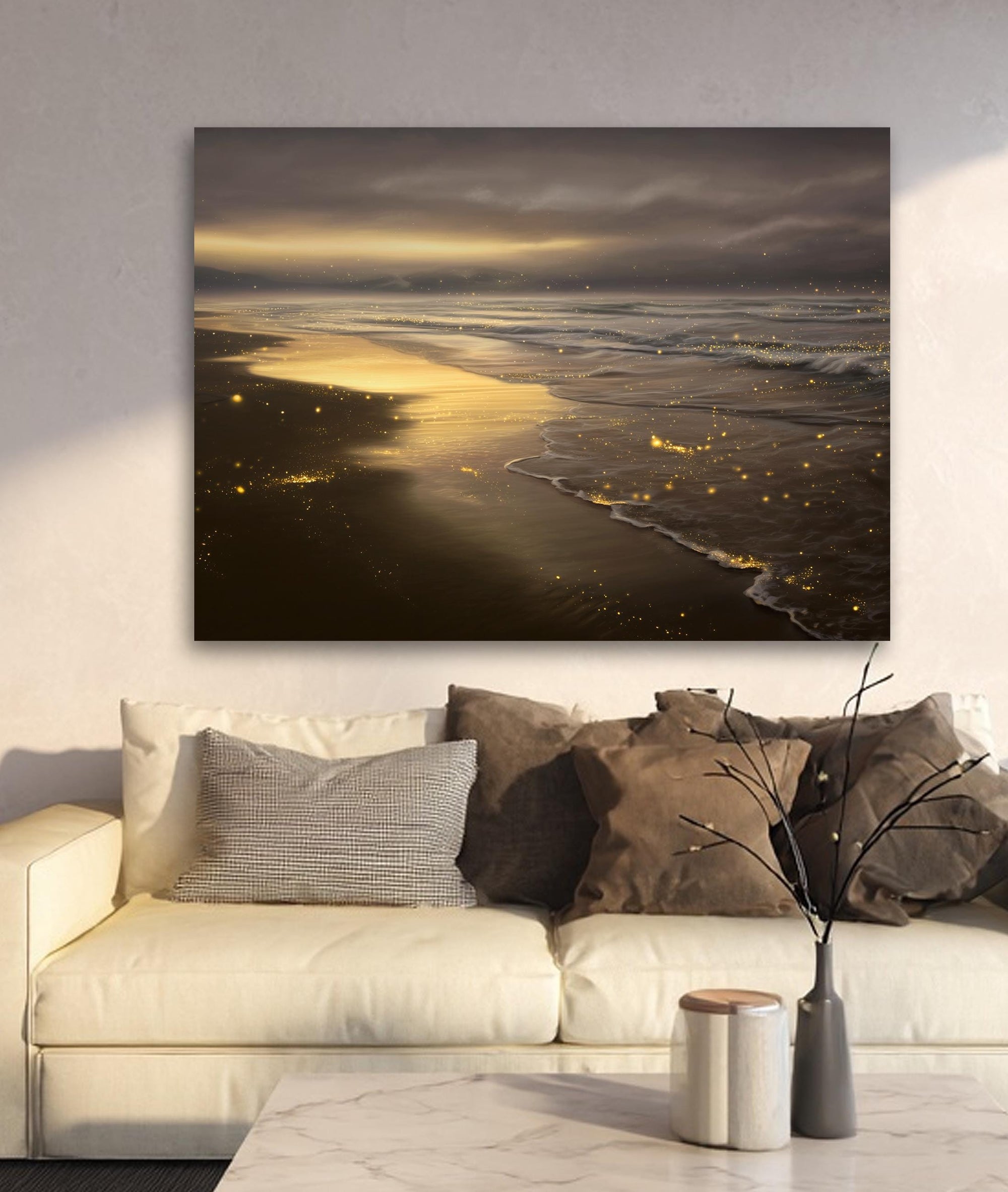 Moody coastal wall art showing shoreline at sunset with reflective water