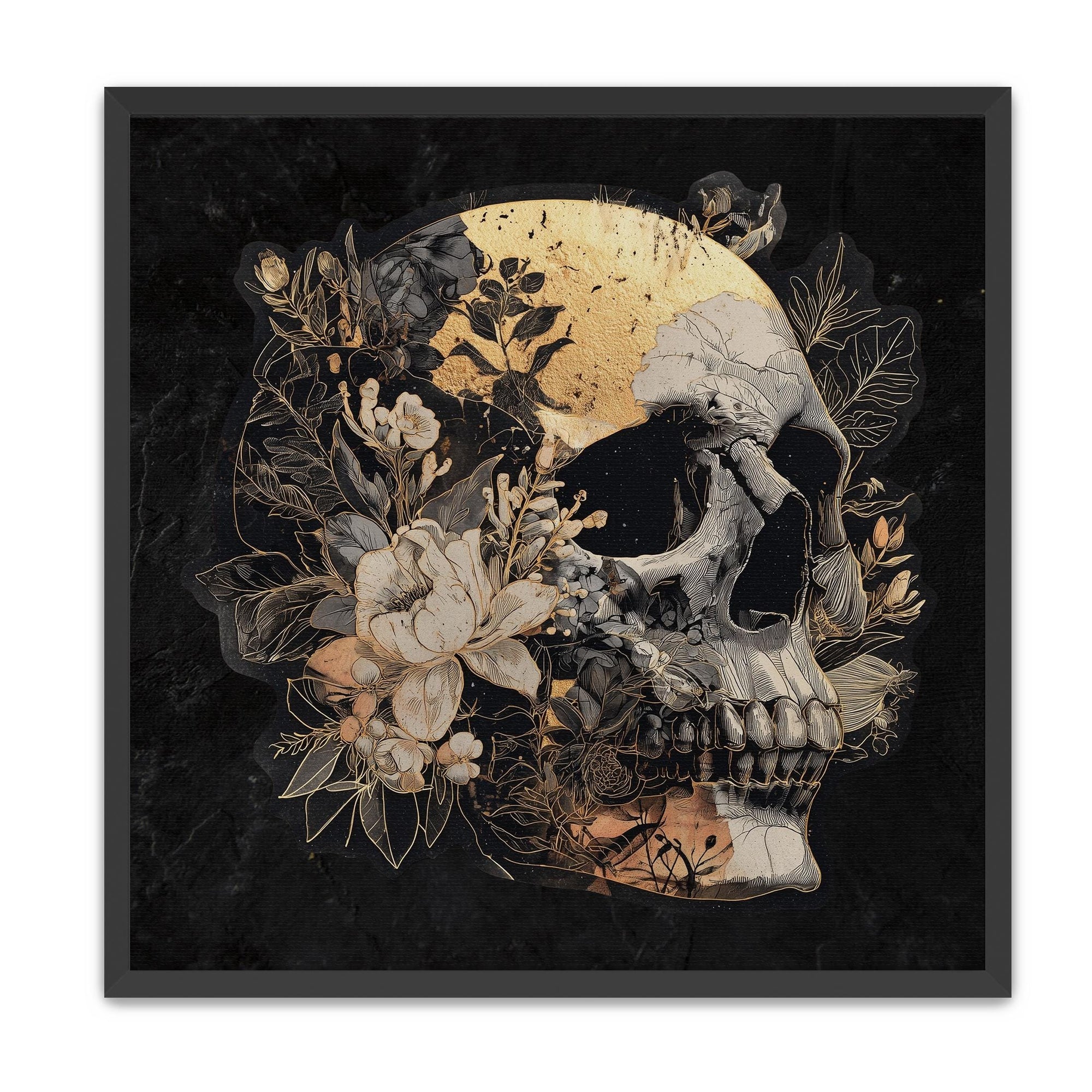 skull and flowers printed poster in black frame