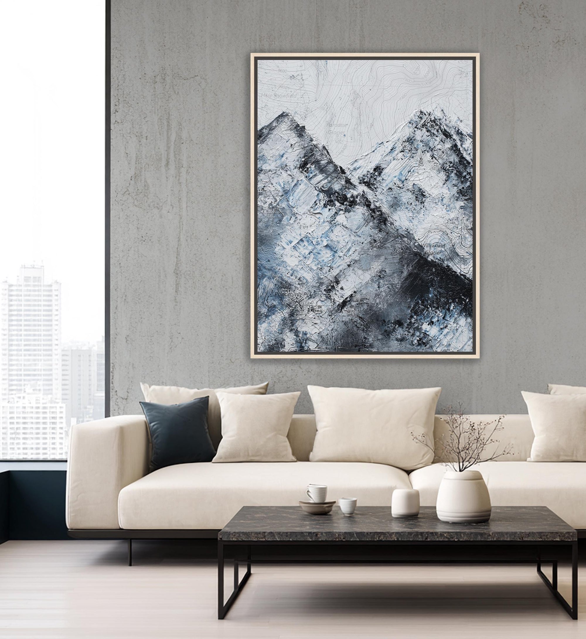 Detailed mountain landscape artwork close-up