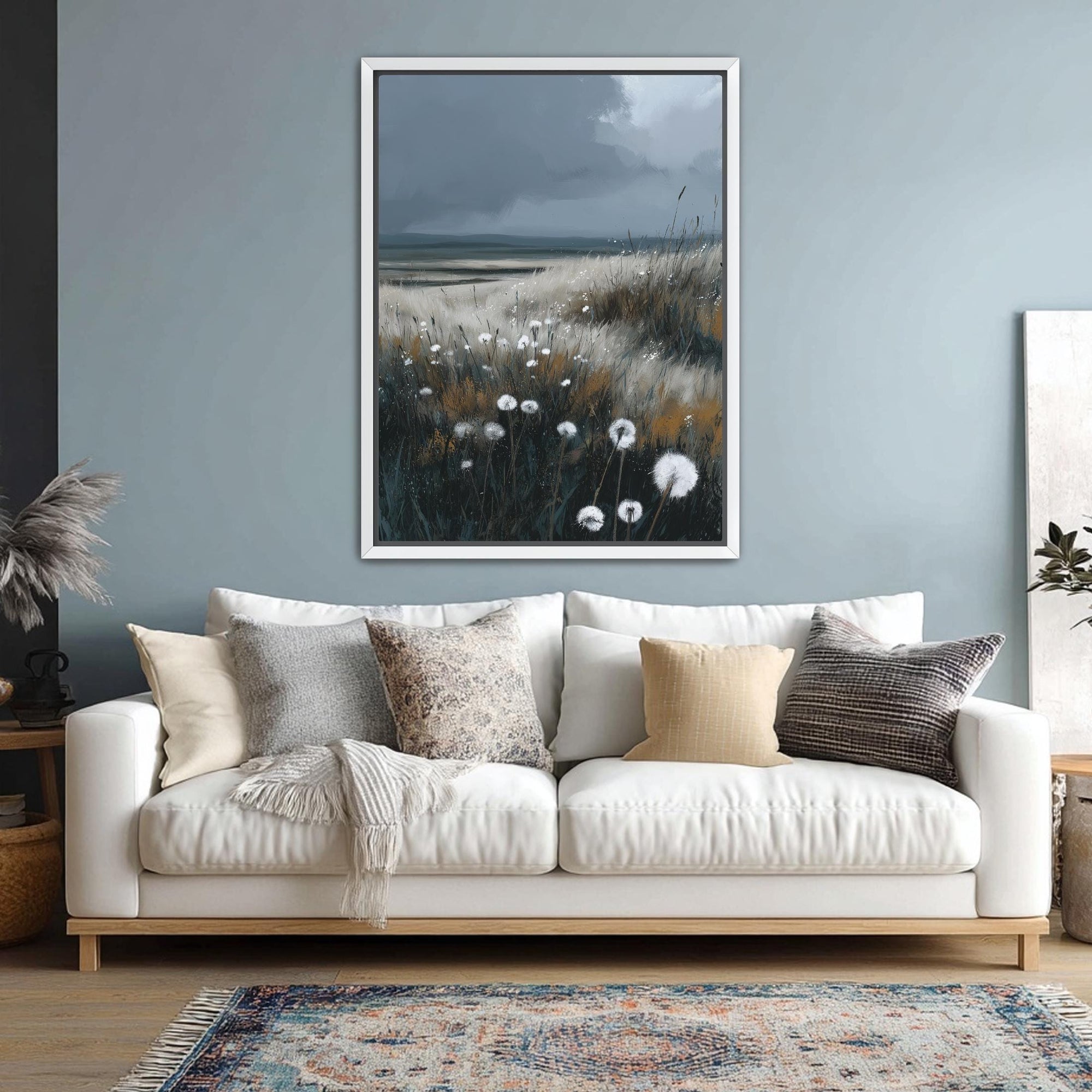 Dandelion field artwork with atmospheric prairie scene