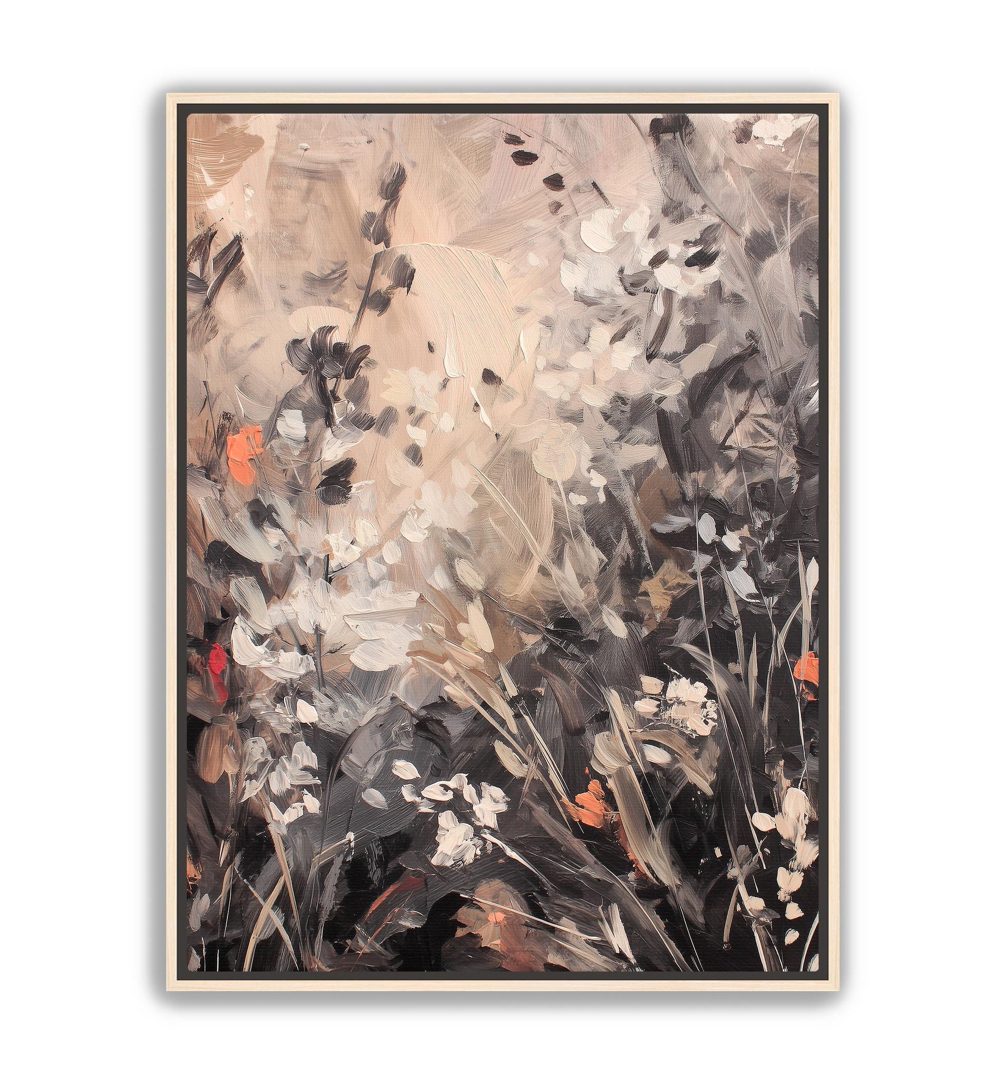 Moody meadow wall art with soft wildflowers and dark neutral tones