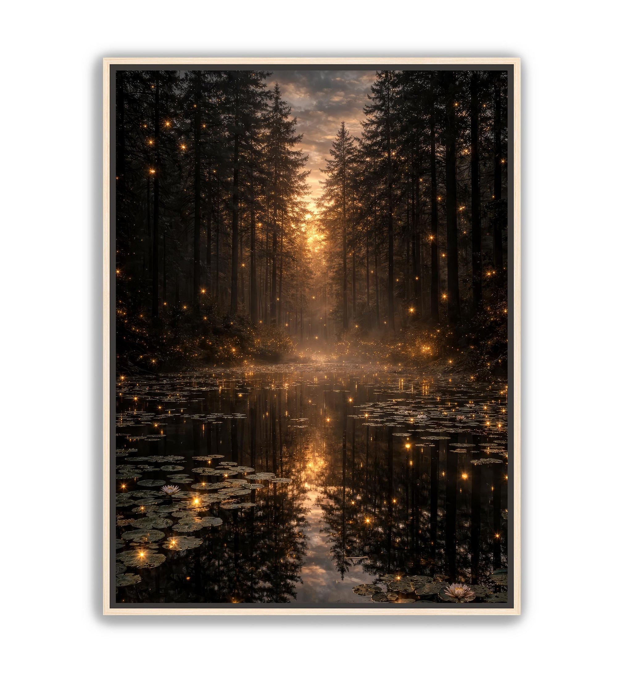 Firefly forest scene at sunset