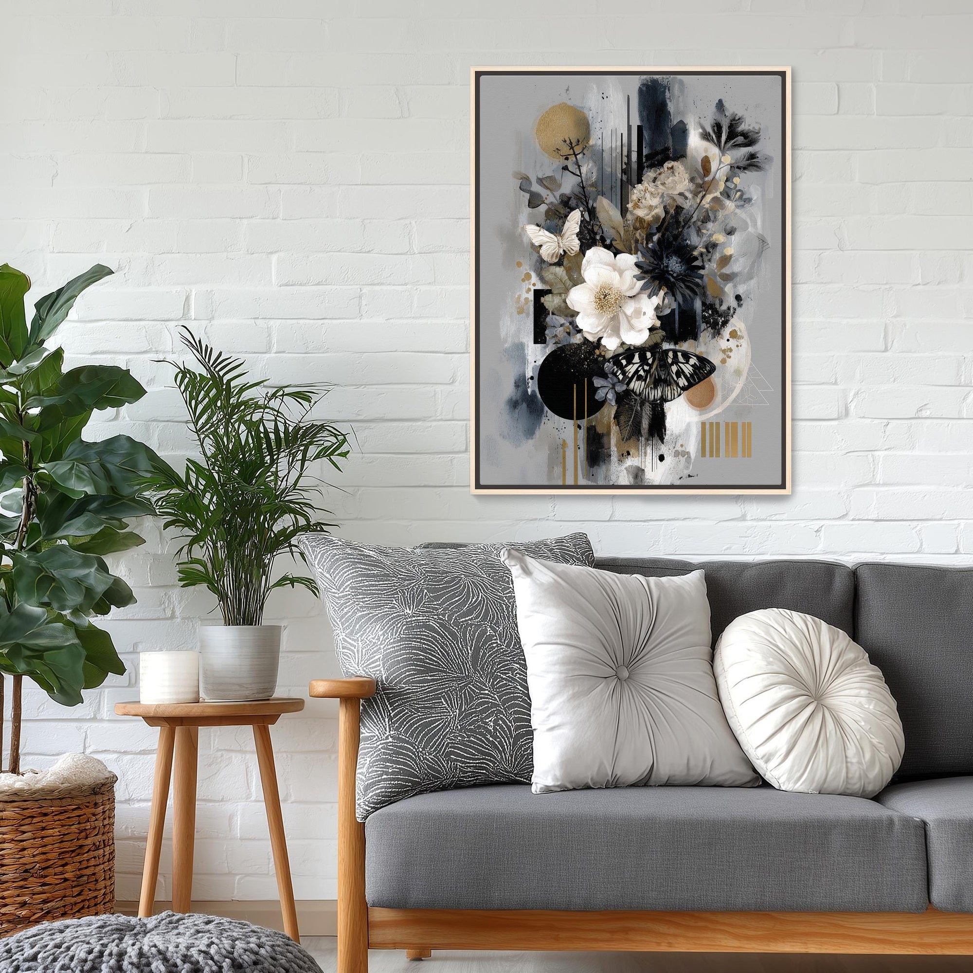 dark floral collage poster framed in living room interior