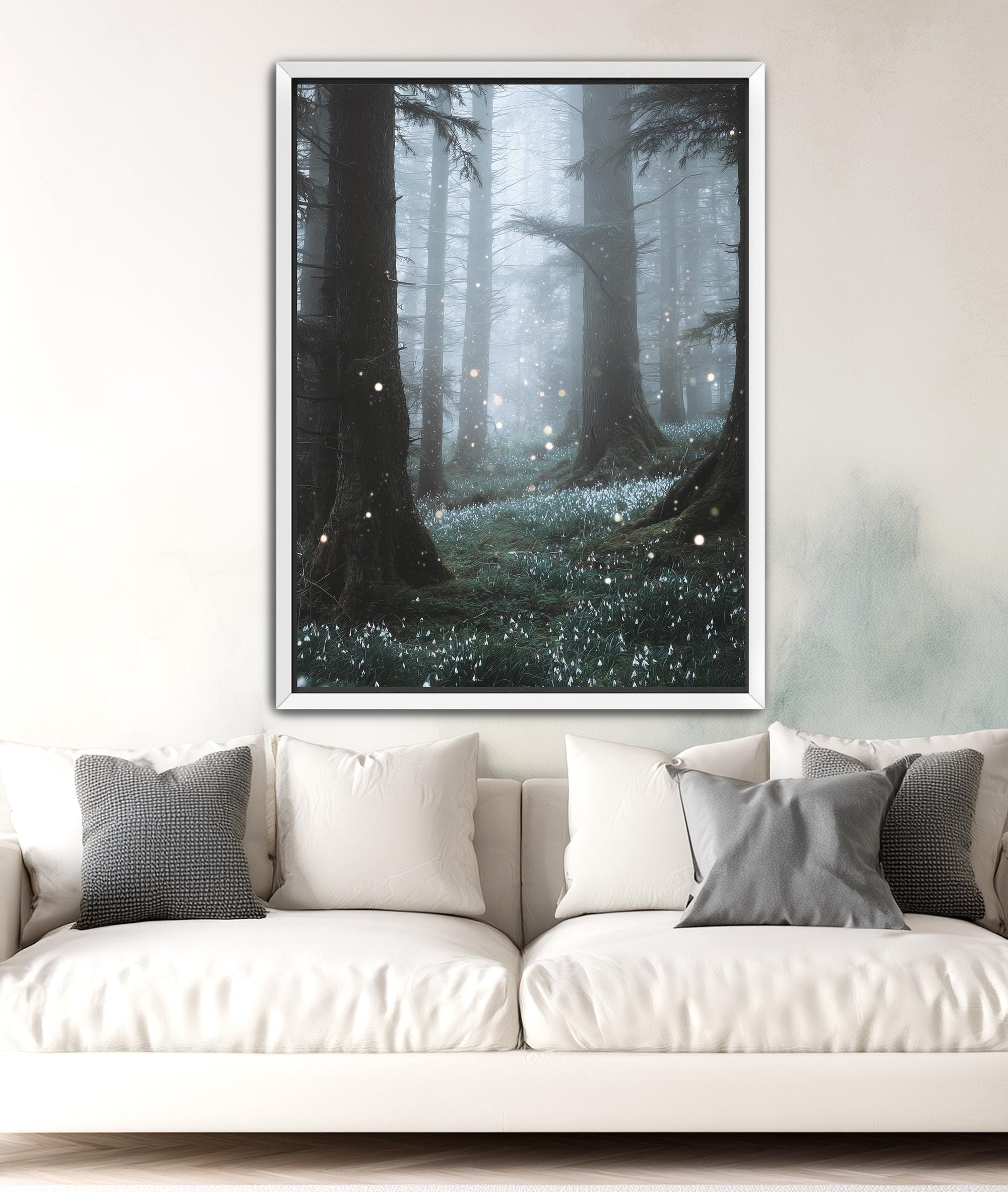 enchanted overcast forest wall art in modern interior with white frame