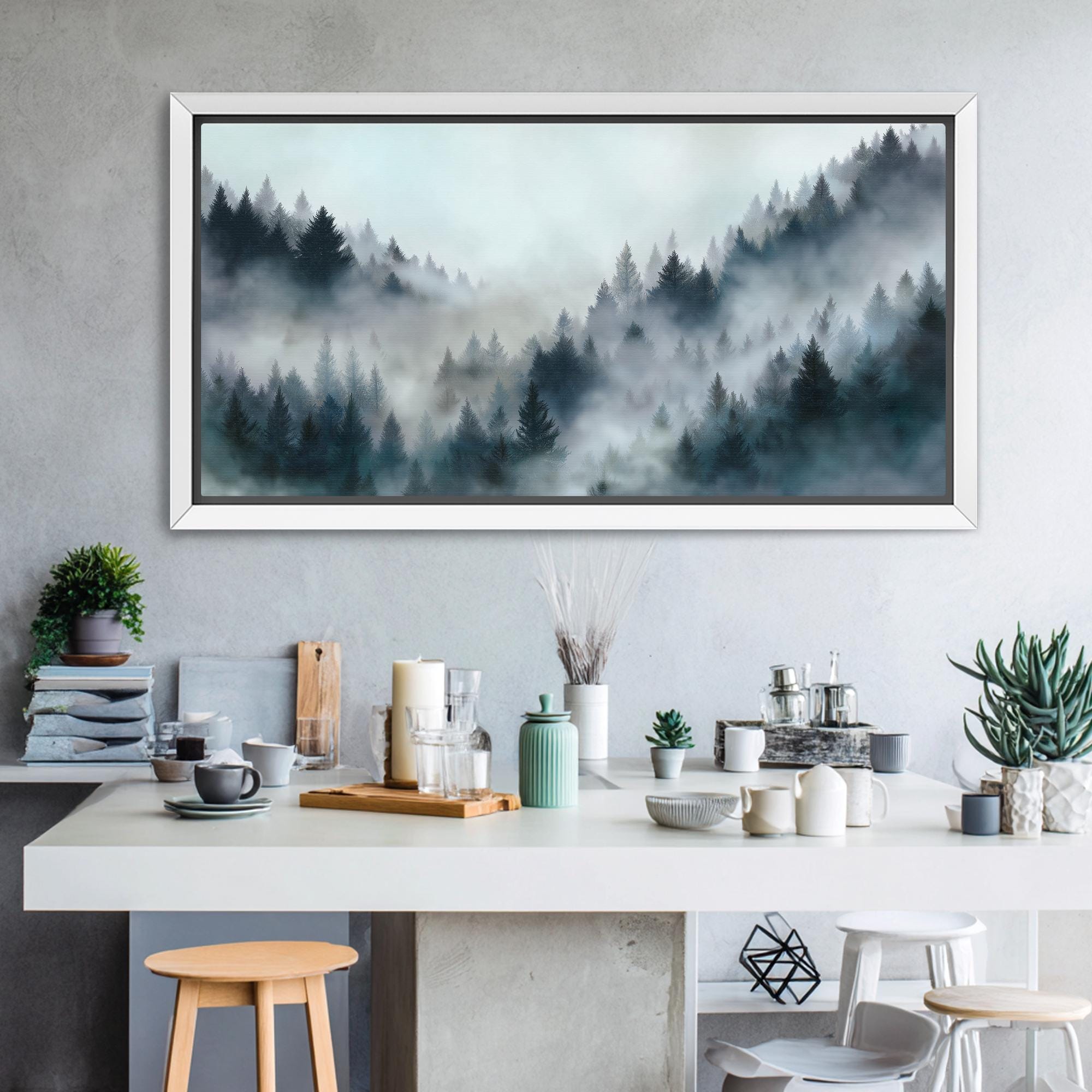Mountain mist landscape canvas in panoramic format