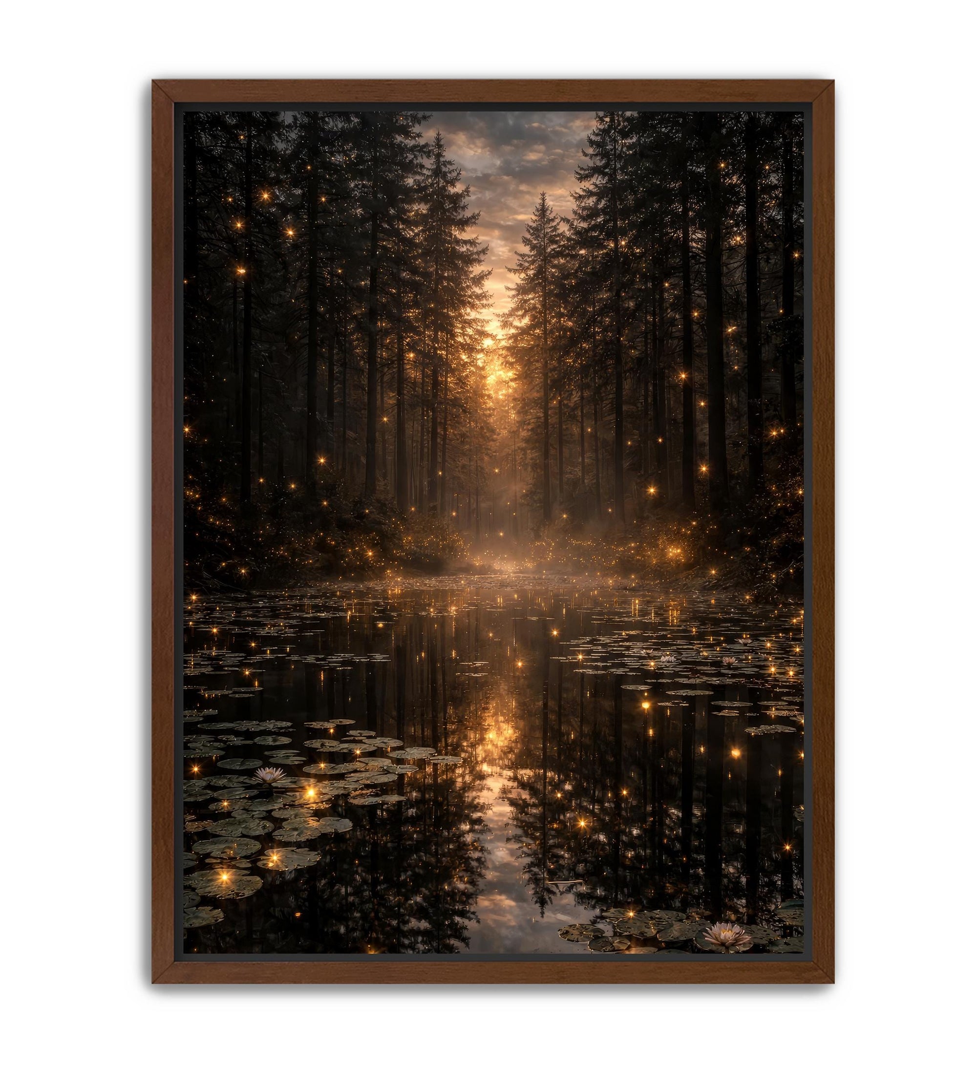 Dark nature wall art with warm glow
