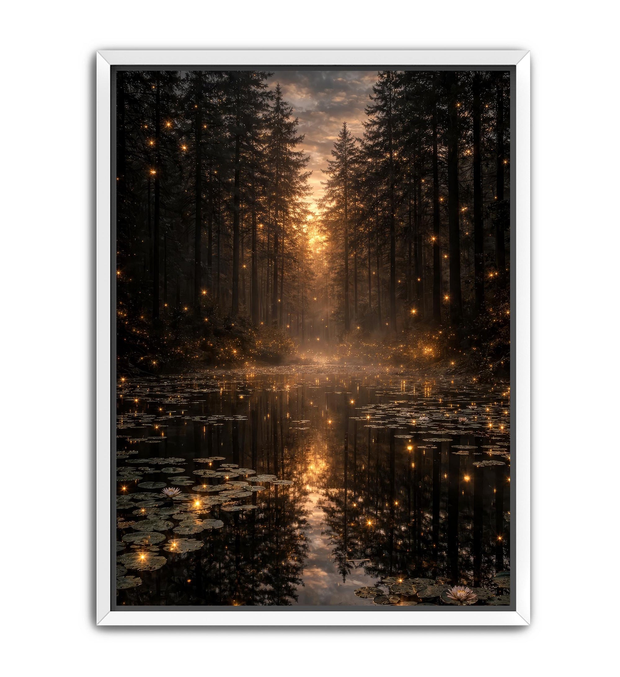Atmospheric pine forest lake artwork