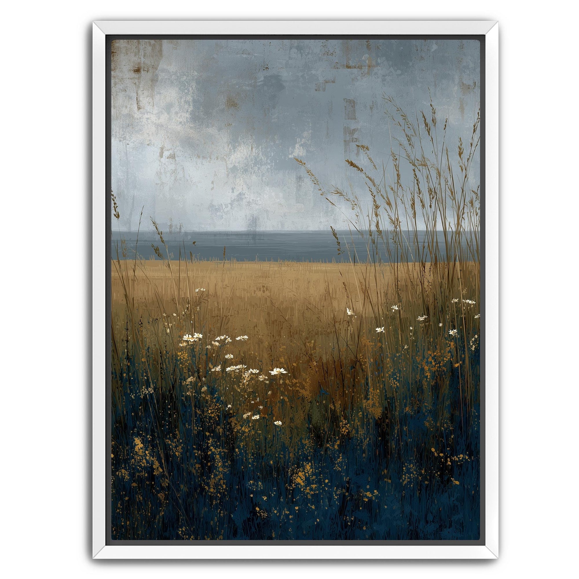 Moody coastal landscape painting with thick textured brushstrokes