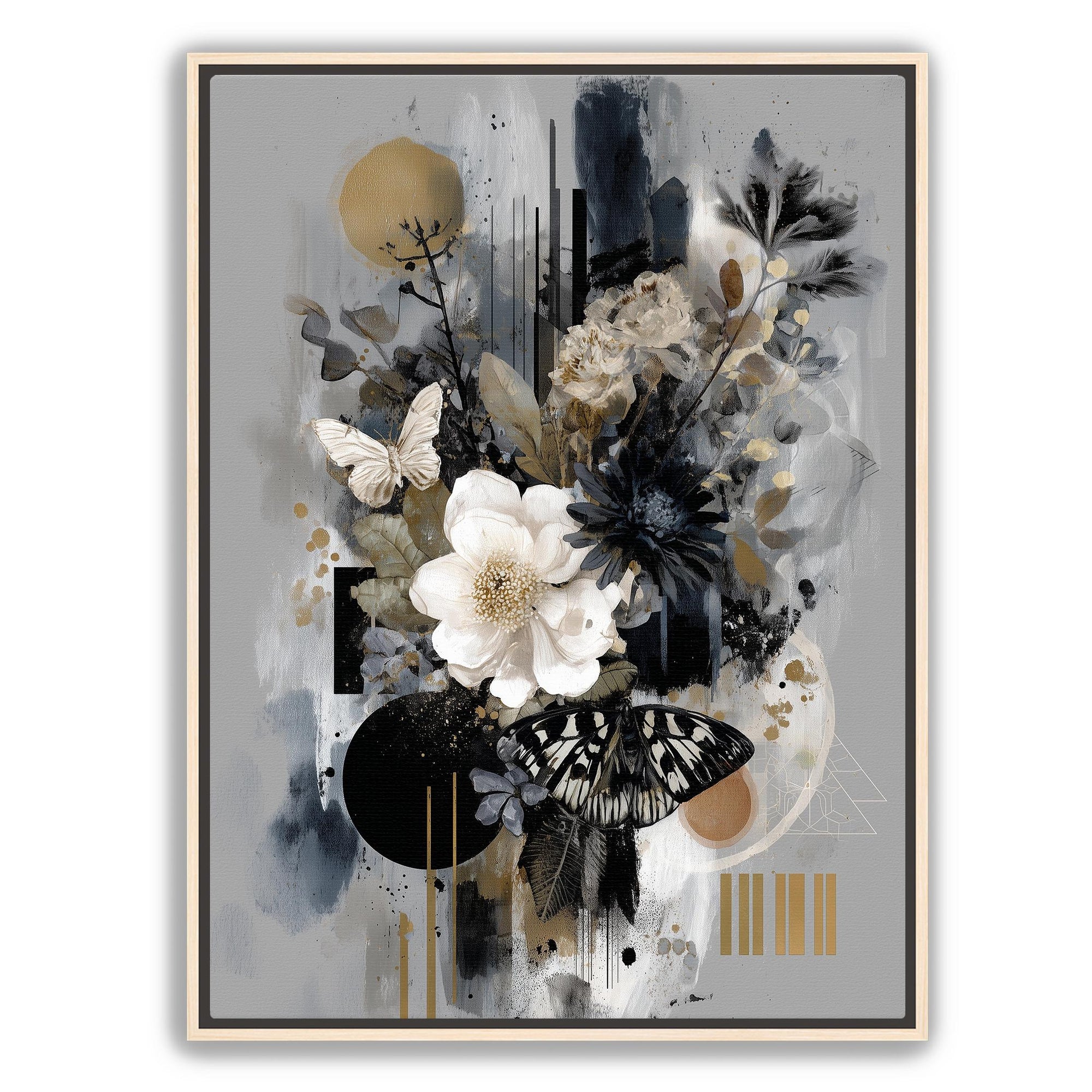 dark floral collage poster natural wood frame